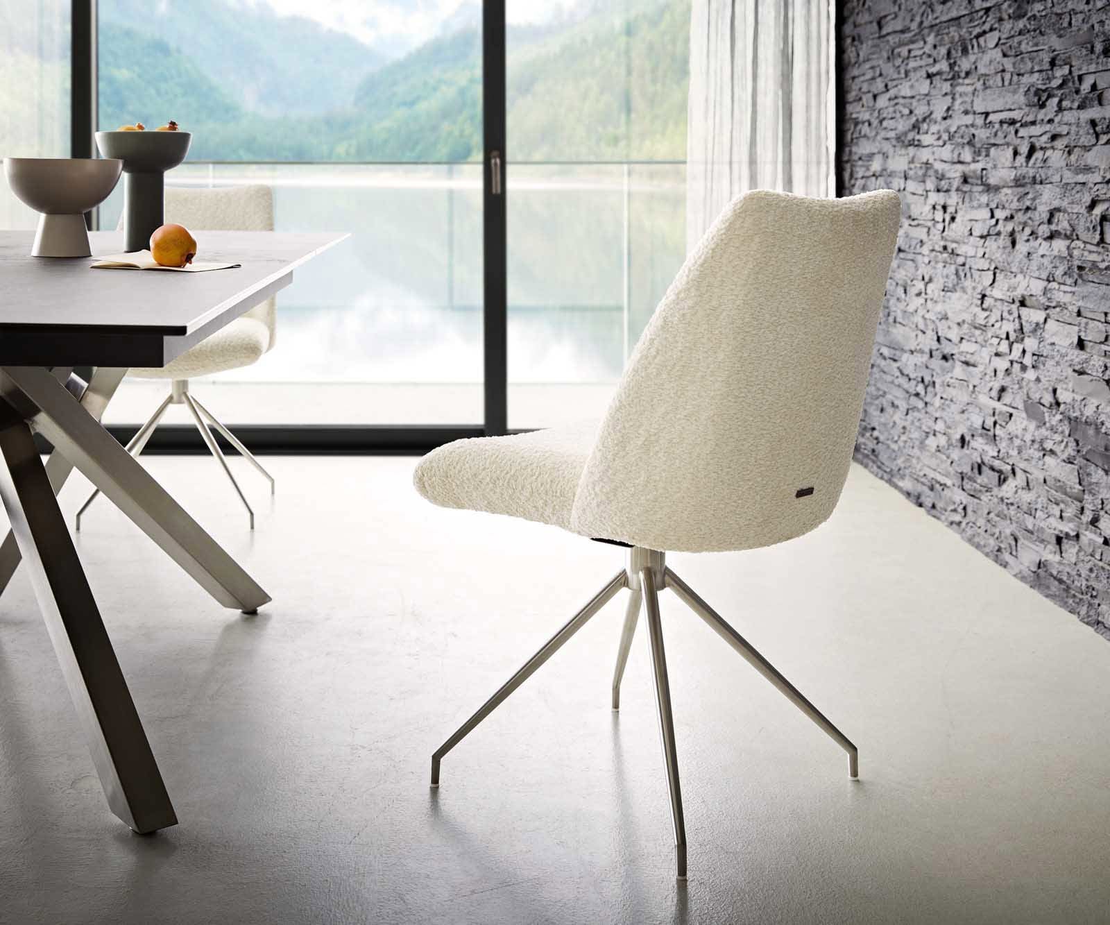 Drehstuhl Elso-Flex Bouclé Weiß Kreuzgestell konisch Edelstahl 180° drehbar Taschenfederkern 4 Drehstuhl Elso-Flex Bouclé Weiß Kreuzgestell konisch Edelstahl 180° drehbar Taschenfederkern 4