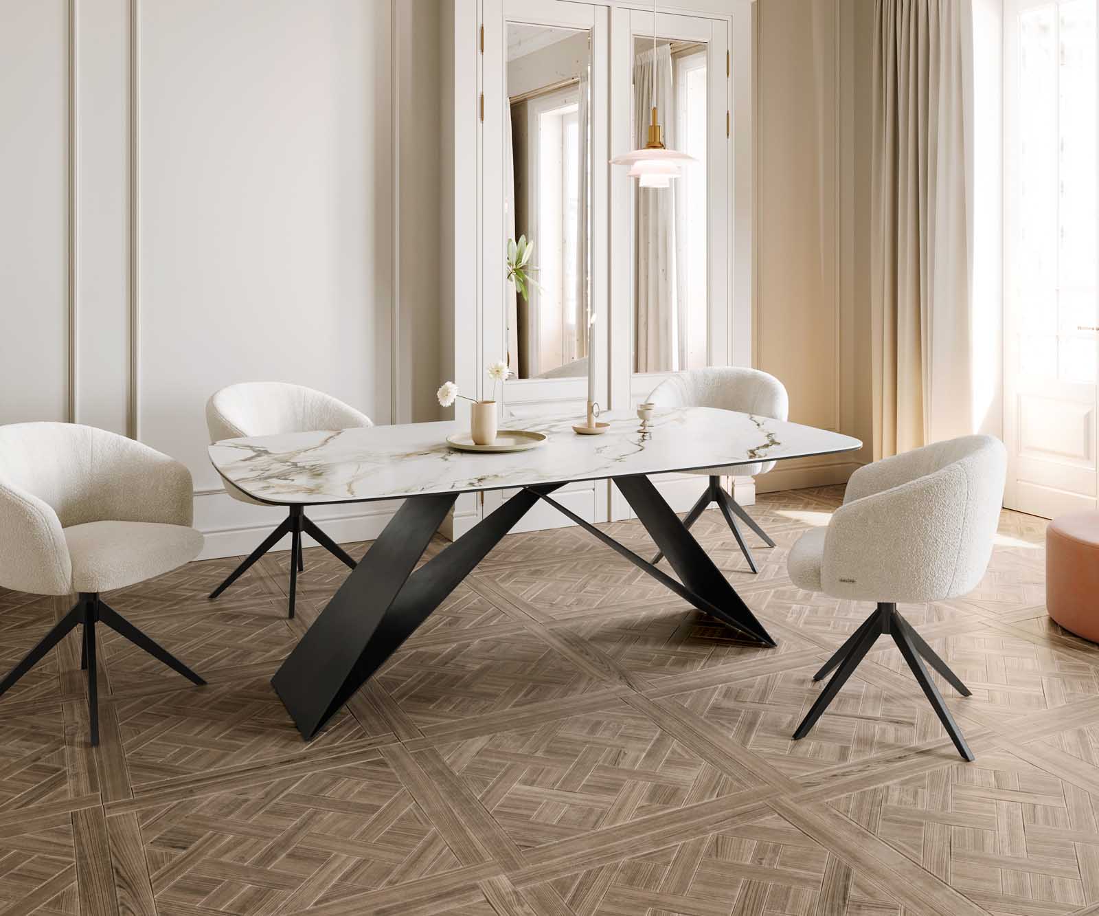 Esstisch Edge Boot 200x100 Keramik Calacatta Luxe Weiß-Gold-Grau V-Gestell Flachstahl Schwarz 6