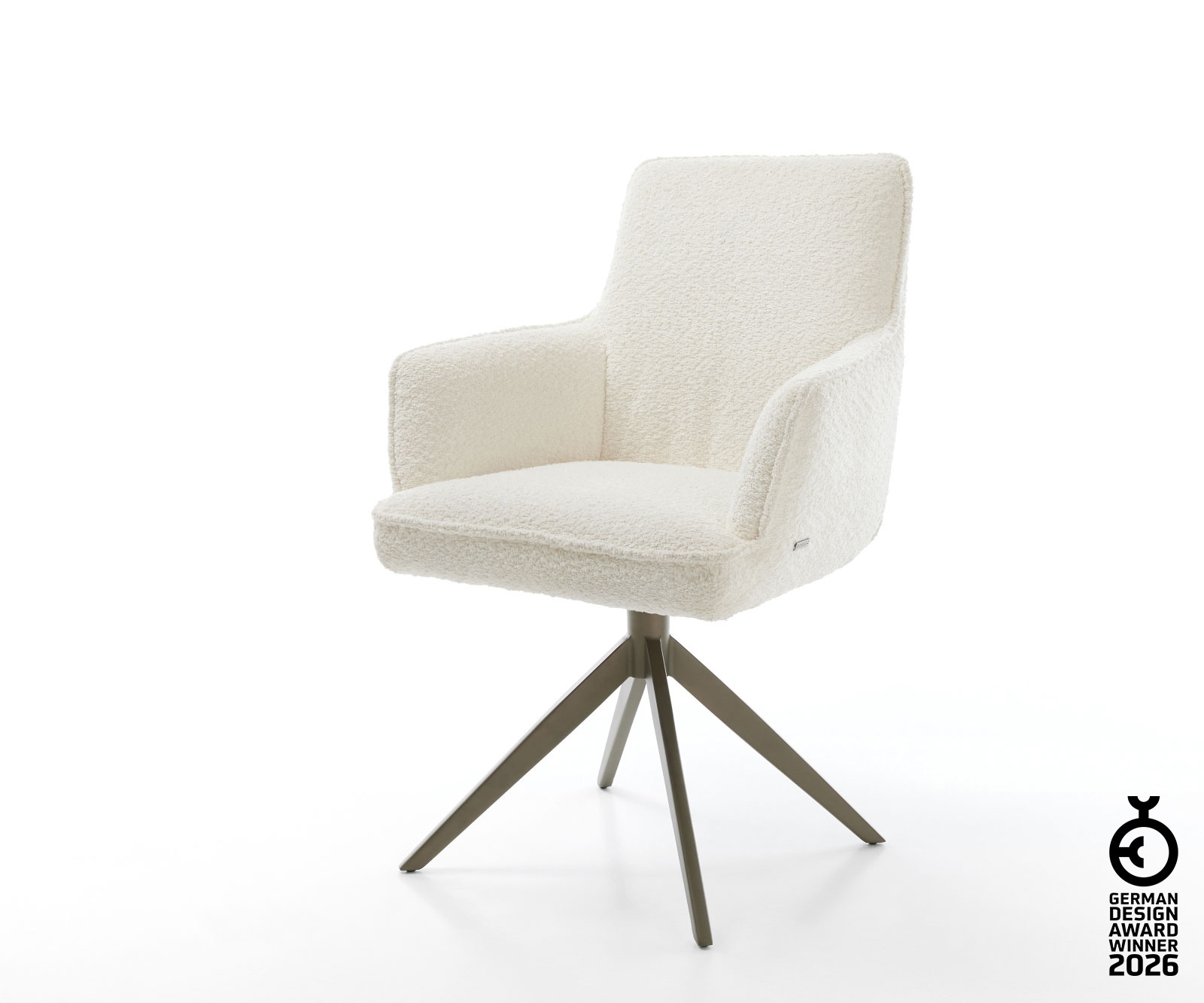 Drehstuhl Heira-Flex mit Armlehnen Bouclé Weiß Kreuzgestell breit Effektfinish Titan 360° drehbar Wippfunktion Taschenfederkern