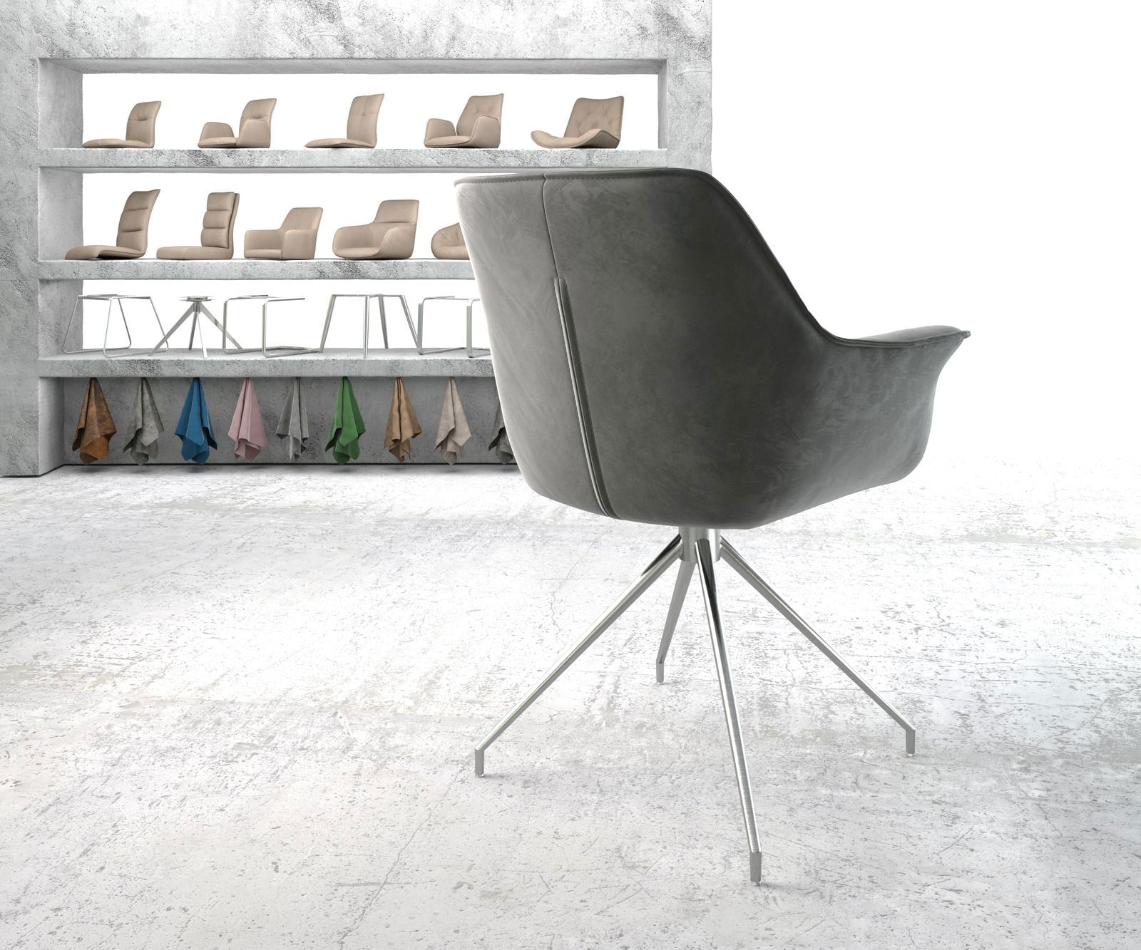 Esszimmerstuhl Keila-Flex mit Armlehnen Samt Grau Kreuzgestell konisch Edelstahl 3 Esszimmerstuhl Keila-Flex mit Armlehnen Samt Grau Kreuzgestell konisch Edelstahl 3