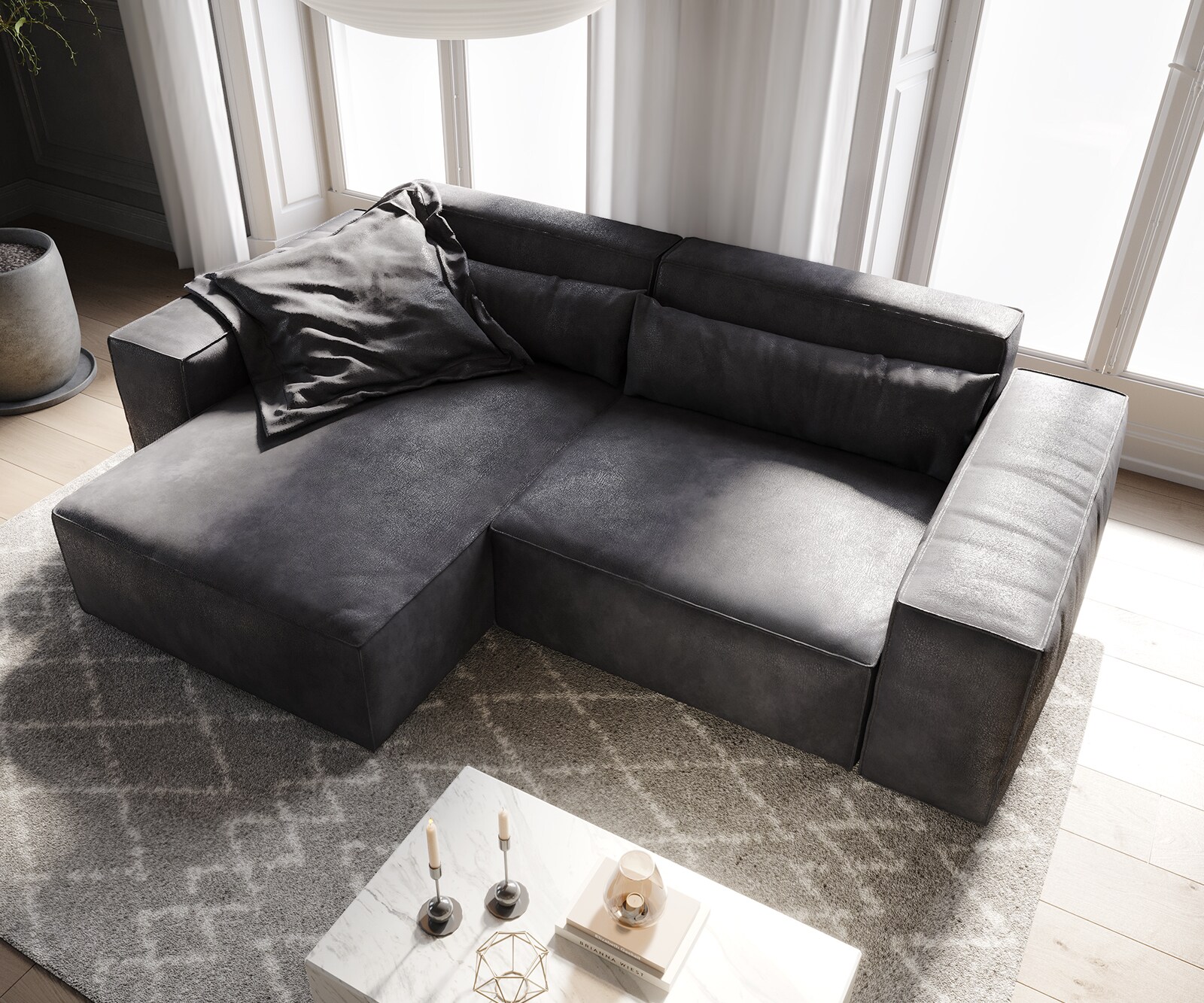 Ecksofa Sirpio 230x155 cm Lederimitat Vintage Anthrazit Recamiere variabel 3