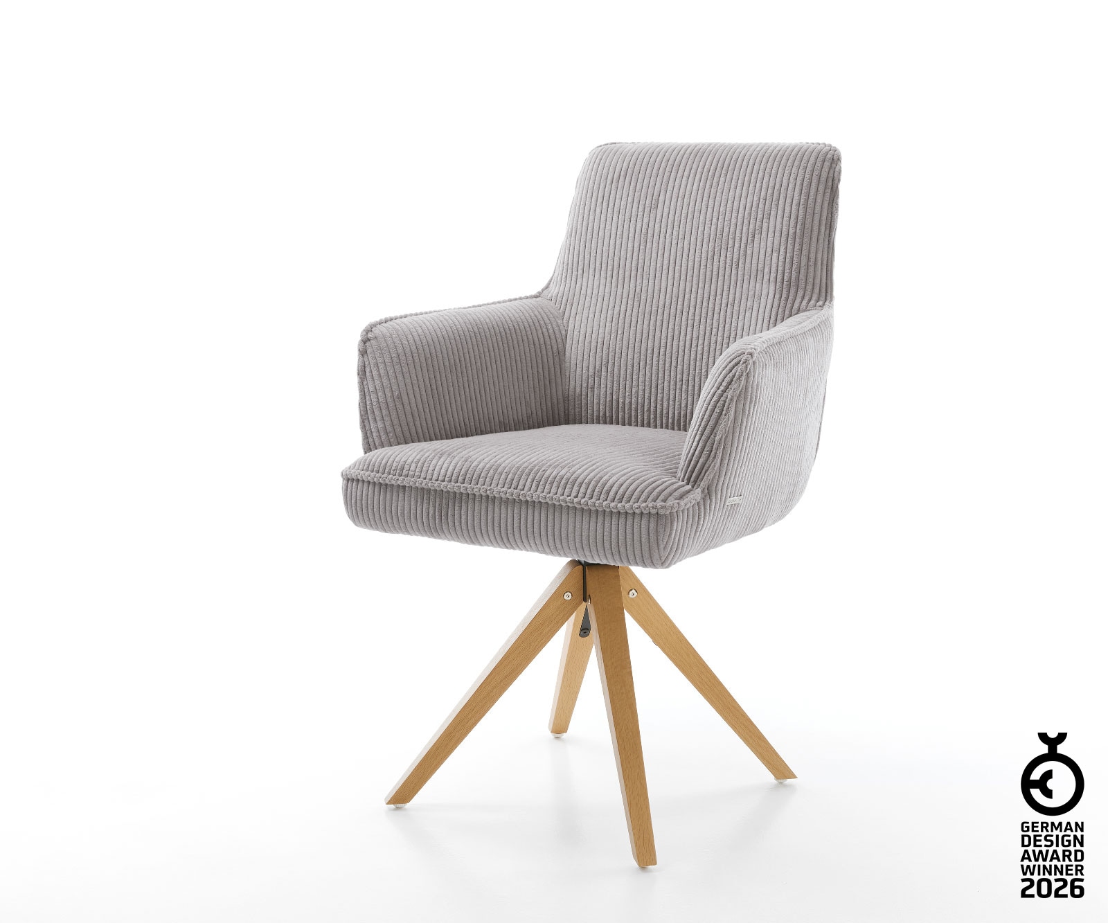 Drehstuhl Heira-Flex mit Armlehnen Cord Silbergrau Holzgestell kantig Natur 180° drehbar Taschenfederkern