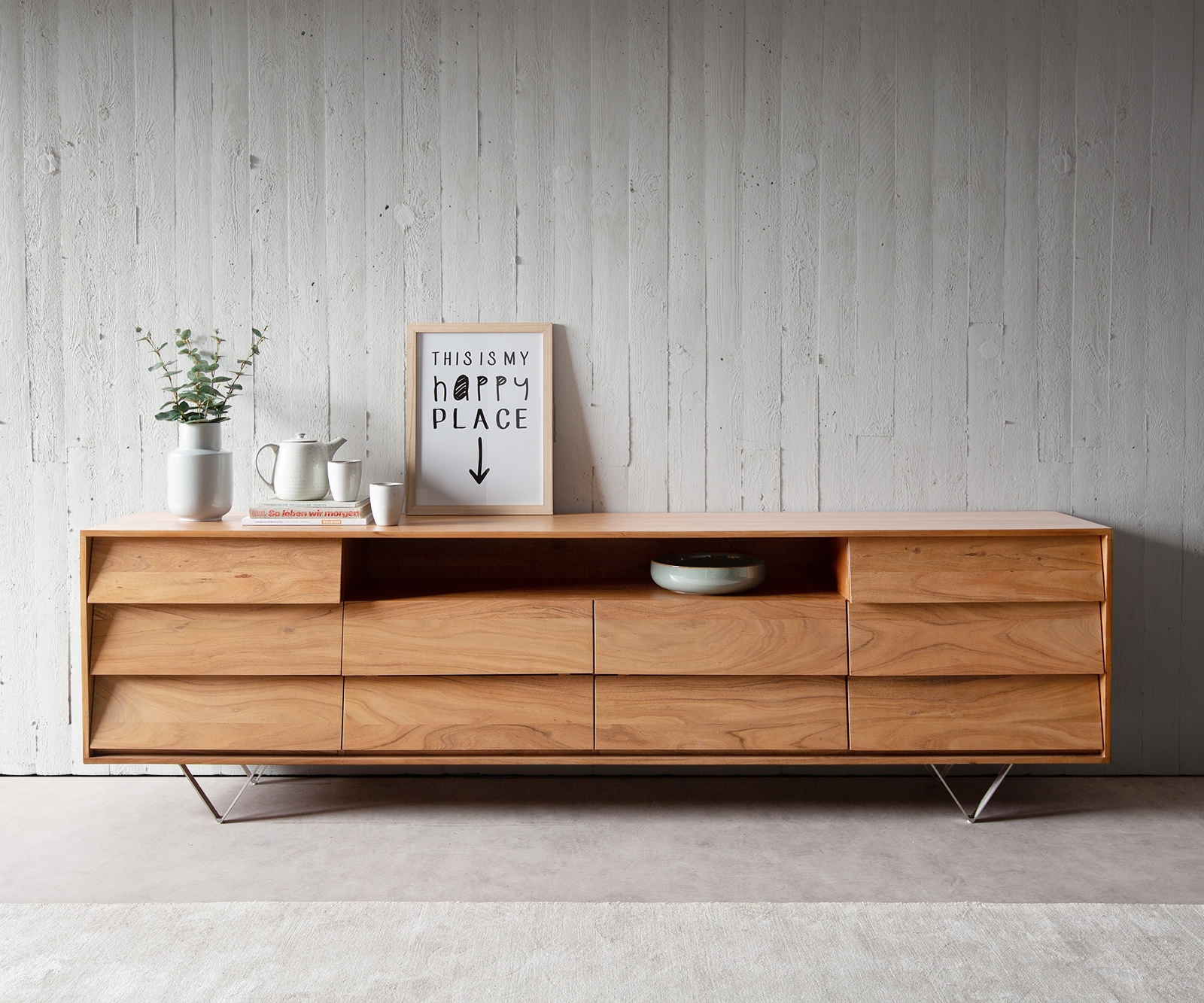 Kommode Eloi Akazie Natur 240x40 cm 2 Türen 6 Schubladen V-Fuß Edelstahl