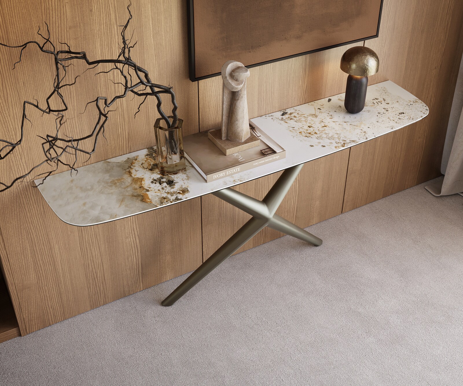 Konsolentisch Edge Boot 180x40 cm Keramik Minas Melange Weiß-Beige Estelo Metall Effektfinish Titan 1