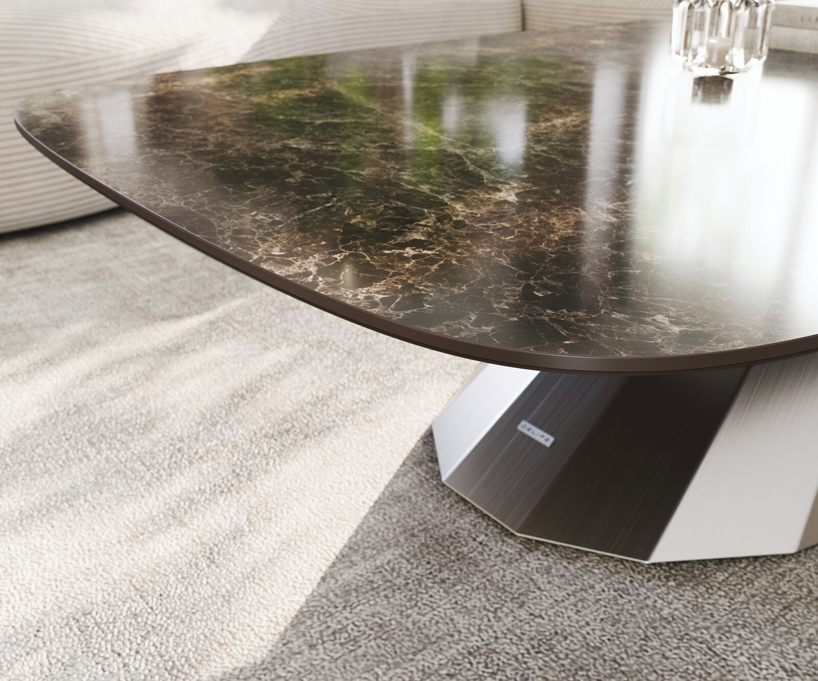 Couchtisch Edge Boot 140x80 cm Keramik Emperador Extra Lucidato Dunkelbraun Parabi Edelstahl gebürstet 6