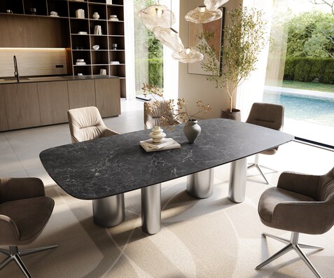 Esstisch Edge Boot 240x120 cm Keramik Laminam® Nero Greco Anthrazit Pilier Edelstahl gebürstet