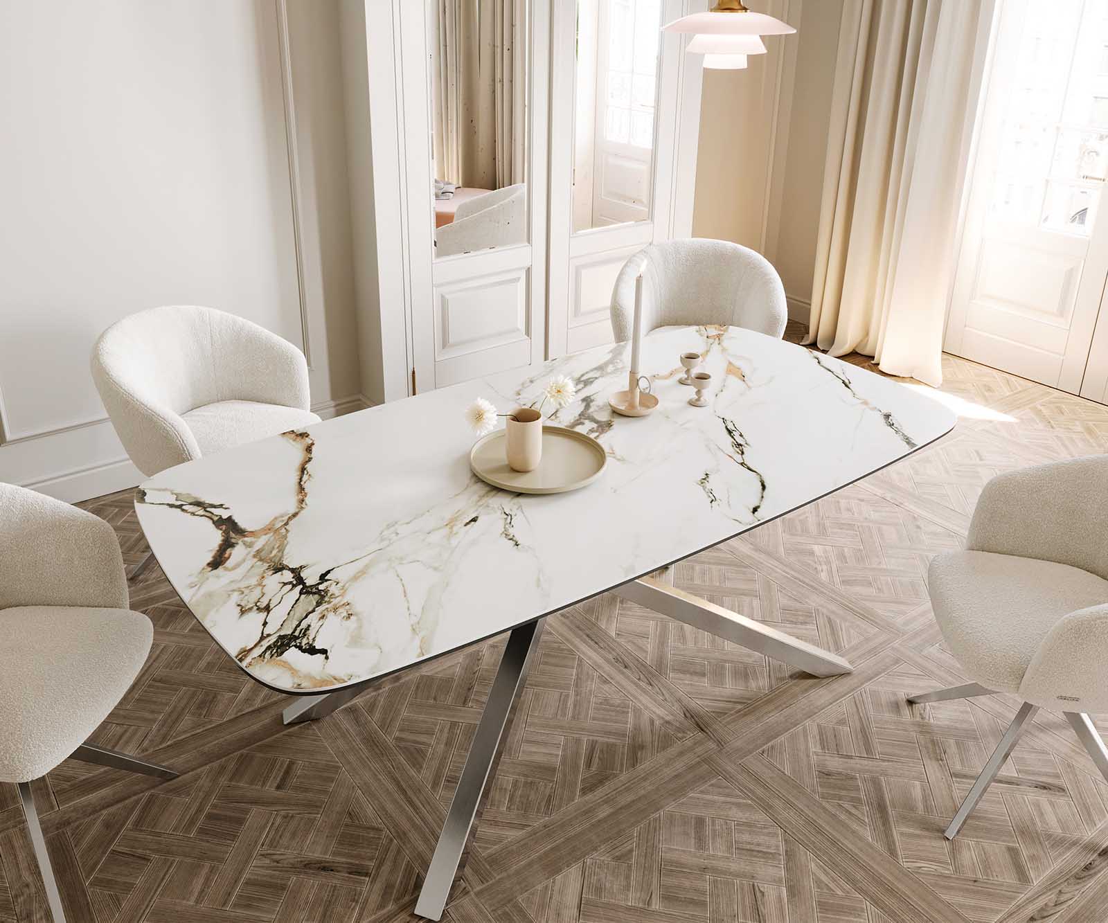 Esstisch Edge Boot 200x100 Keramik Calacatta Luxe Weiß-Gold-Grau Kreuzgestell Rechteck Edelstahl 4