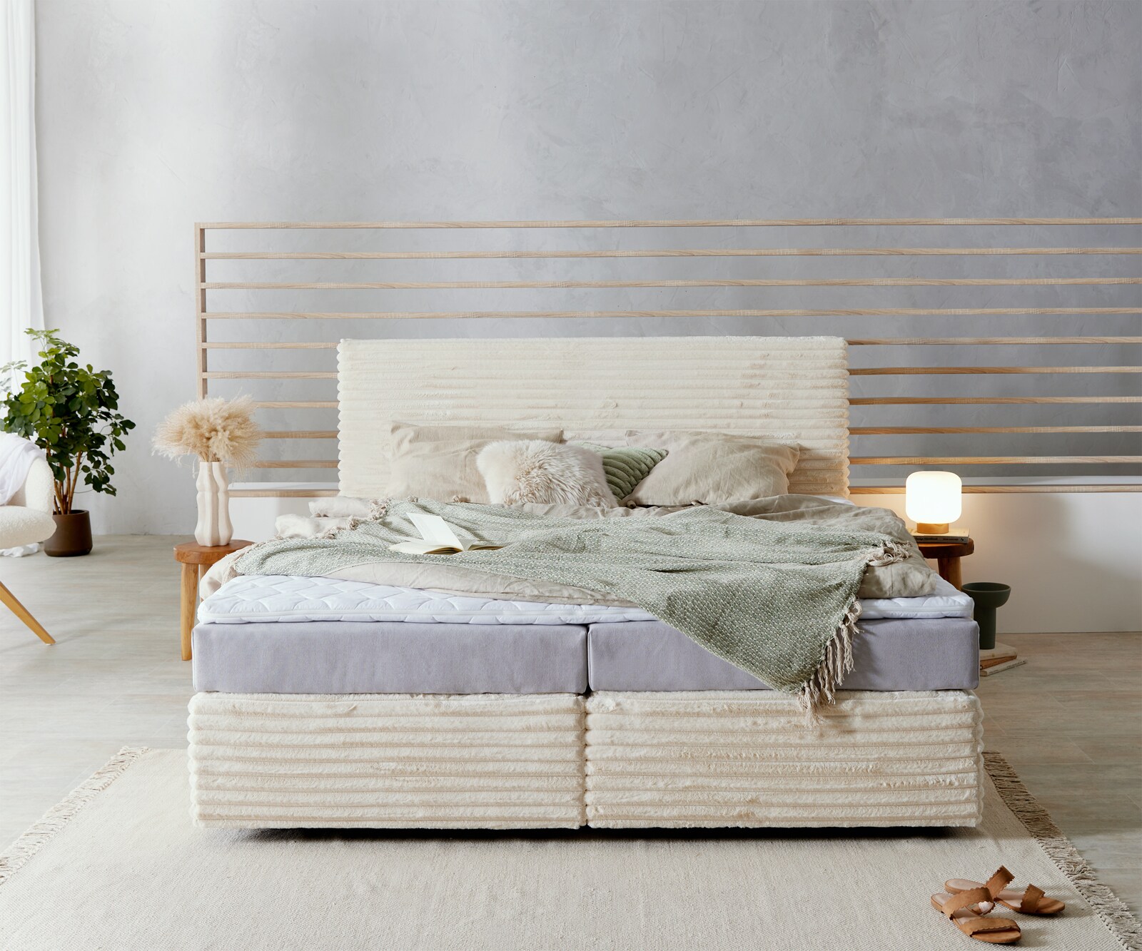 Boxspringbett Dream-Well Plüsch-Cord Beige 180x200 cm TFK-Matratze Visco-Topper 1
