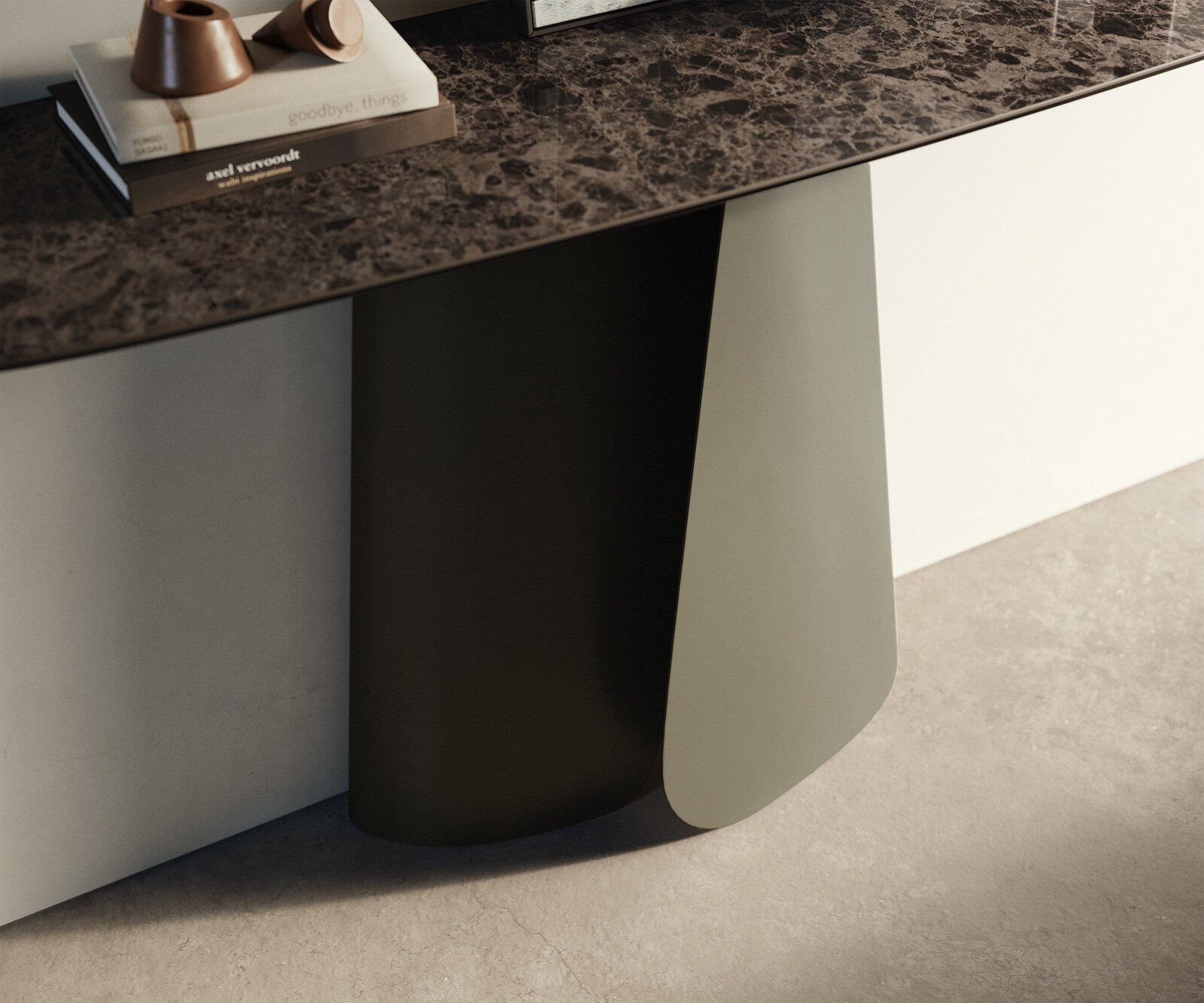 Konsolentisch Edge Boot 140x40 cm Keramik Emperador Extra Lucidato Dunkelbraun Livos Metall Effektfinish Titan 6