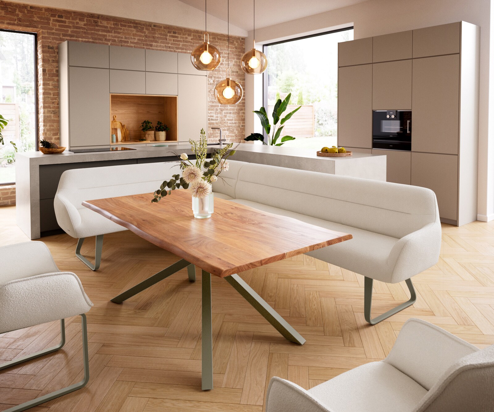 Esszimmerbank Taya-Flex 285x190 cm Bouclé Creme-Weiß Kufengestell flach Effektfinish Titan Taschenfederkern Rechts 1