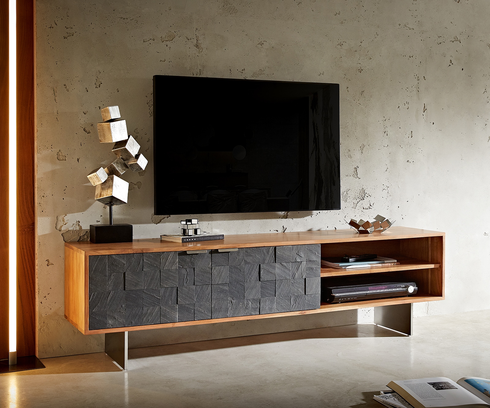 Lowboard Teele 160 cm Akazie Natur Schiefer 2 Türen Fuß schwebend Edelstahl Lowboard Teele 160 cm Akazie Natur Schiefer 2 Türen Fuß schwebend Edelstahl