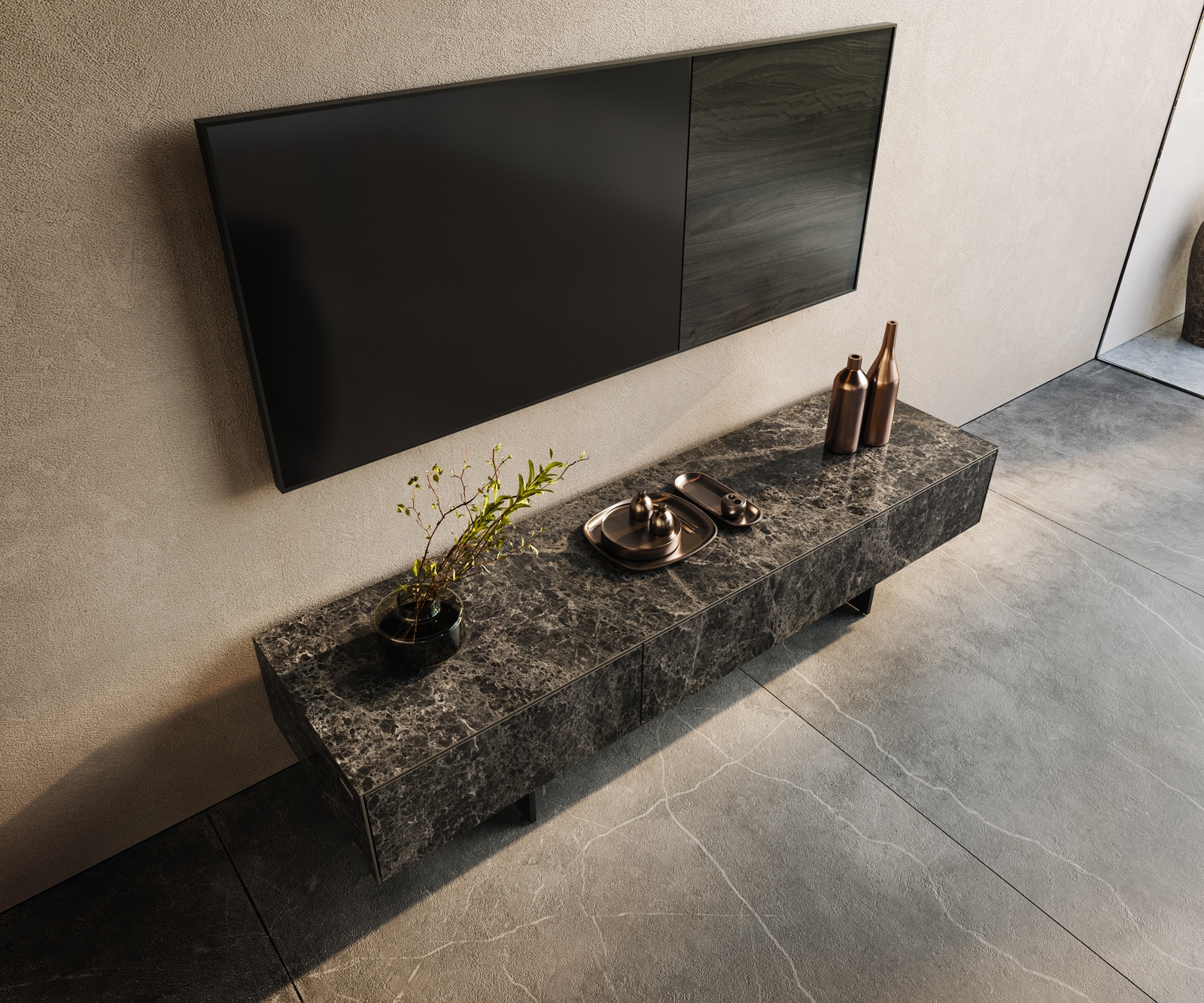Lowboard Cuor 150 cm Keramik Laminam® Emperador Extra Lucidato Dunkelbraun 1 Klappe 1 Schubfach Fuß Schwebeoptik Metall Schwarz 4