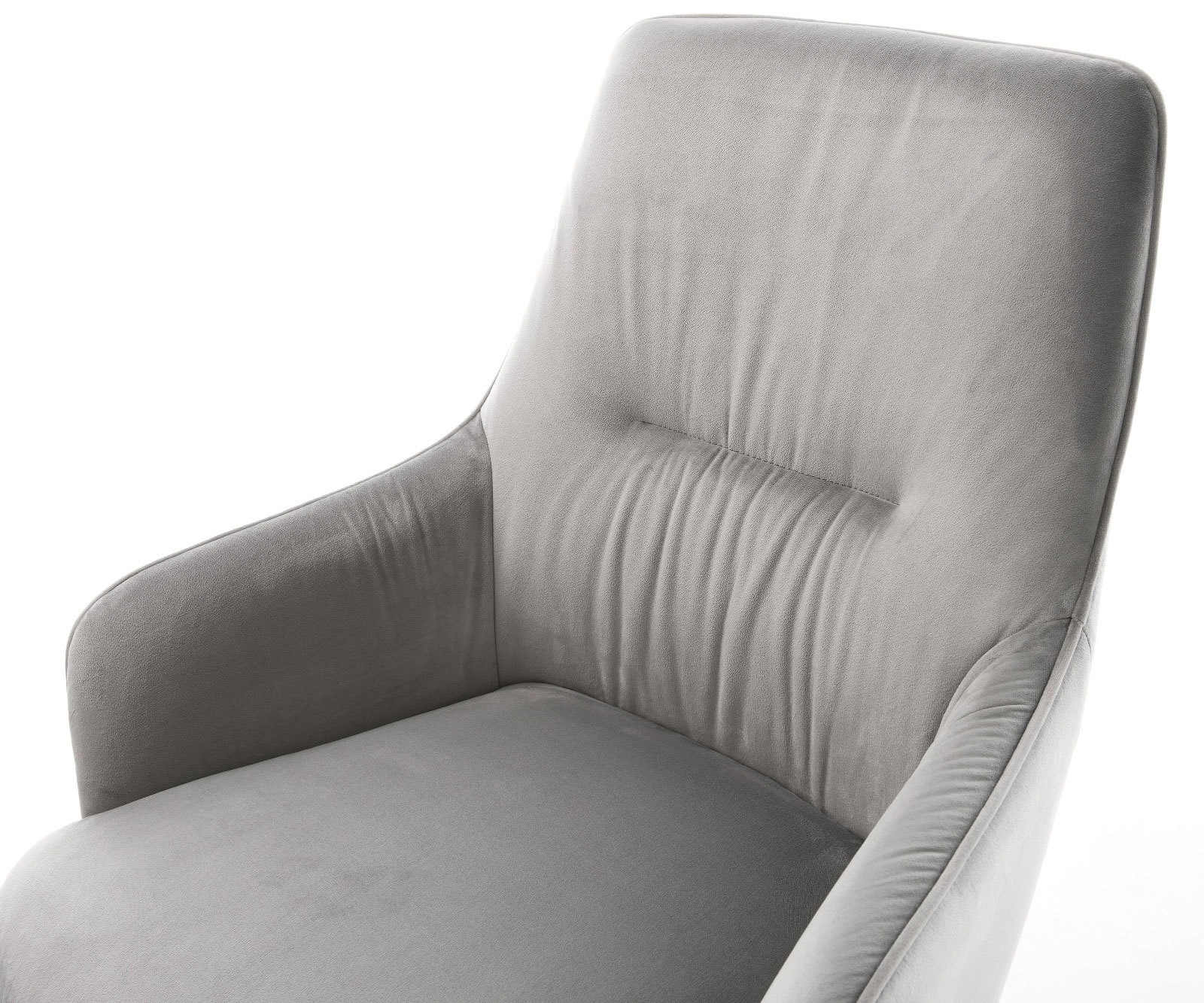 Drehstuhl Zelia-Flex mit Armlehnen Samt Grau Kreuzgestell breit Edelstahl 360° drehbar Wippfunktion Taschenfederkern 4