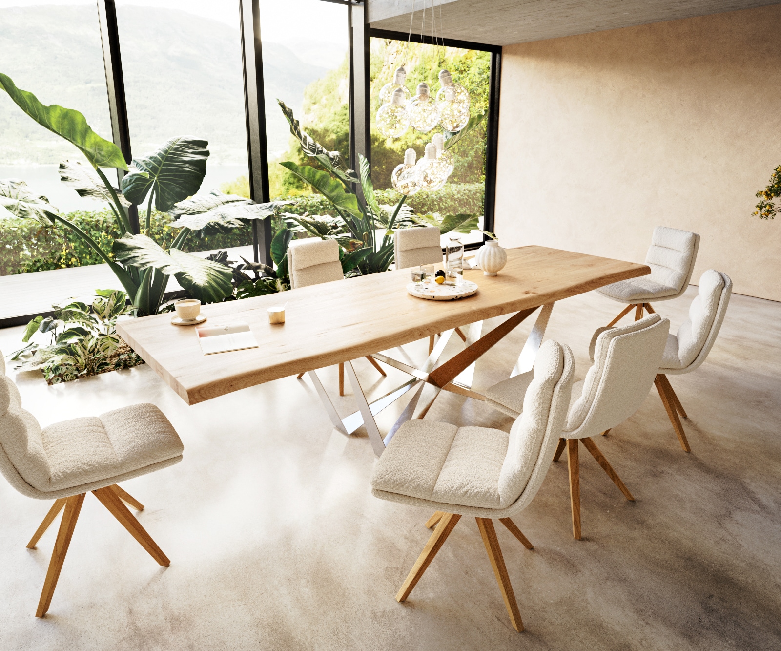 Esstisch Edge 300x100 Eiche Natur Spider Flachstahl Edelstahl Live-Edge 6