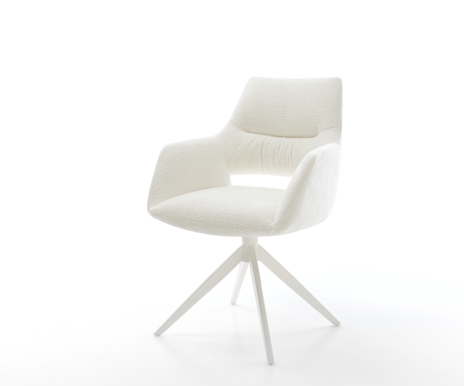 Drehstuhl Yago-Flex mit Armlehnen Bouclé Soft Beige Kreuzgestell breit Weiß 360° drehbar Wippfunktion Taschenfederkern