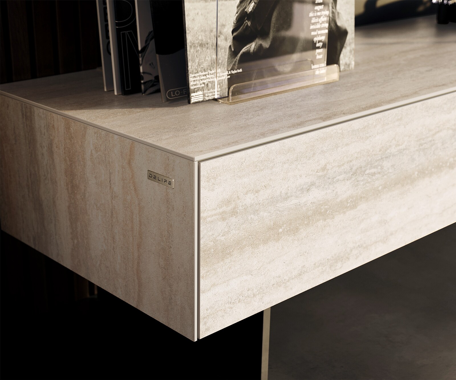 Lowboard Cuor 150 cm Keramik Laminam® Travertino Bianco Creme-Weiß 1 Klappe 1 Schubfach Fuß Schwebeoptik Metall Schwarz 6