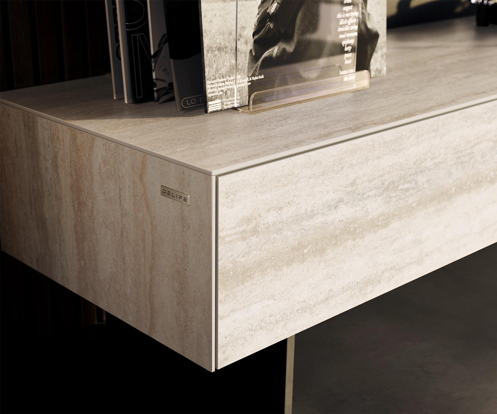 Lowboard Cuor 150 cm Keramik Laminam® Travertino Bianco Creme-Weiß 1 Klappe 1 Schubfach Fuß Schwebeoptik Metall Schwarz 6 Lowboard Cuor 150 cm Keramik Laminam® Travertino Bianco Creme-Weiß 1 Klappe 1 Schubfach Fuß Schwebeoptik Metall Schwarz 6