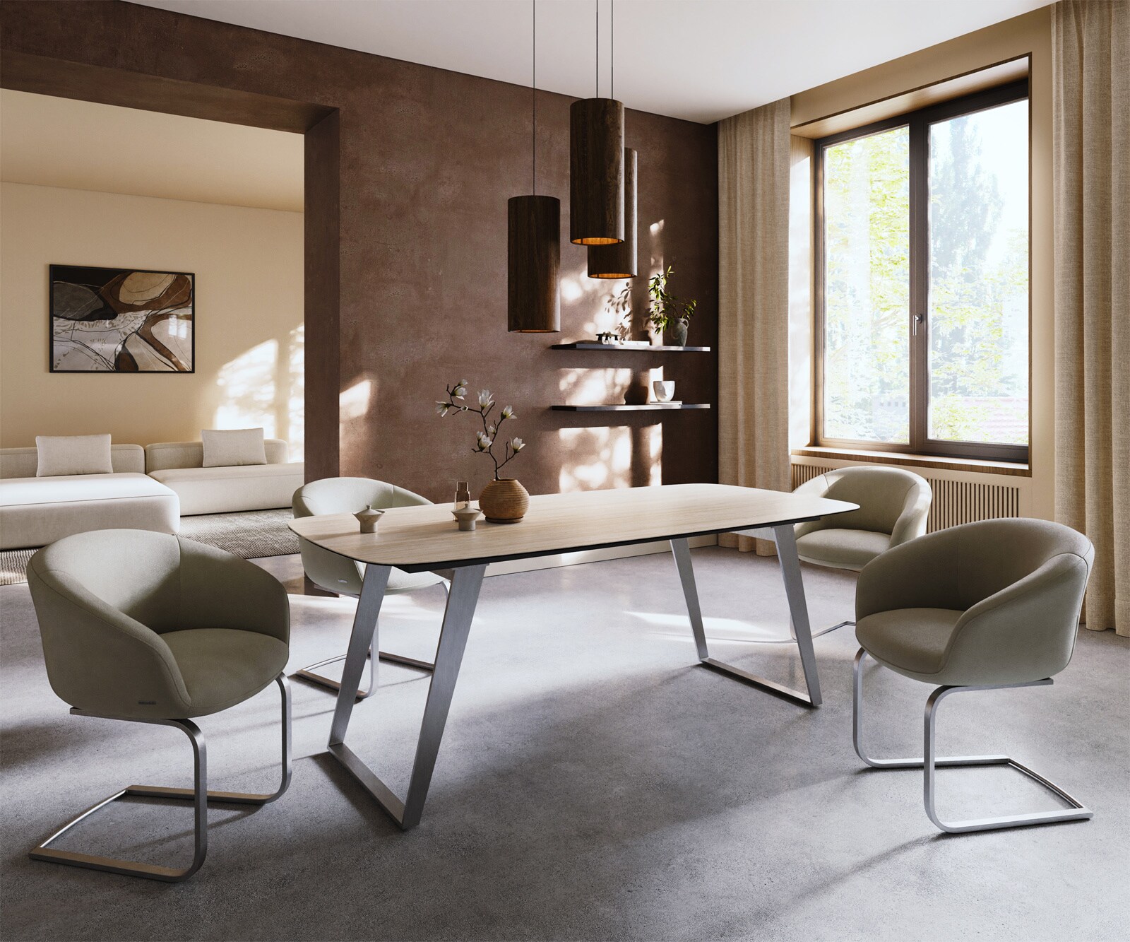 Esstisch Edge Boot 200x100 Keramik Laminam® Travertino Bianco Creme-Weiß Edelstahl Schräg 7