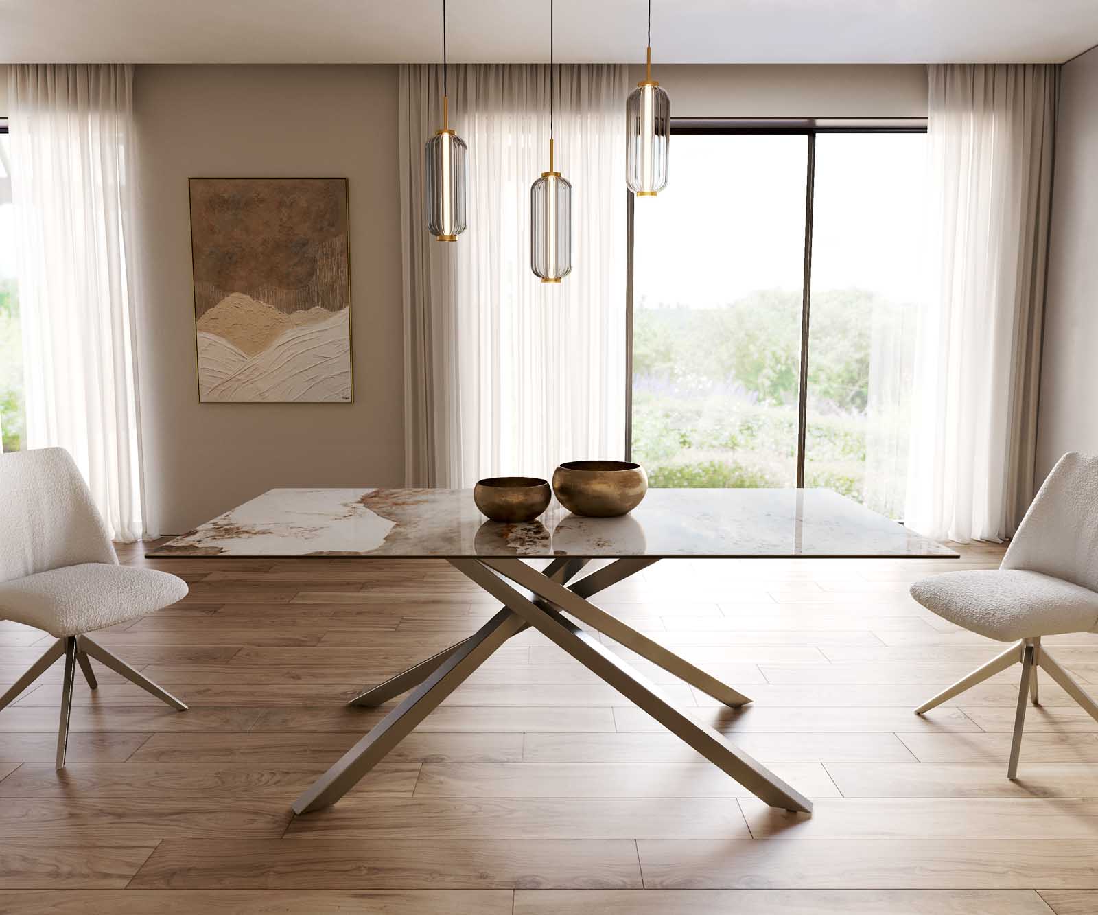 Esstisch Edge 200x100 Keramik Minas Melange Weiß-Beige Kreuzgestell Rechteck Edelstahl 1