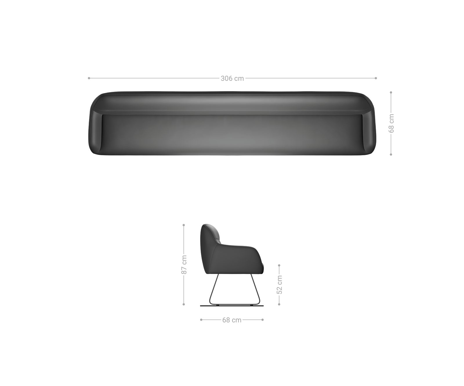 Esszimmerbank Taya-Flex 300 cm Bouclé Schlamm Kufengestell flach Schwarz Taschenfederkern 7