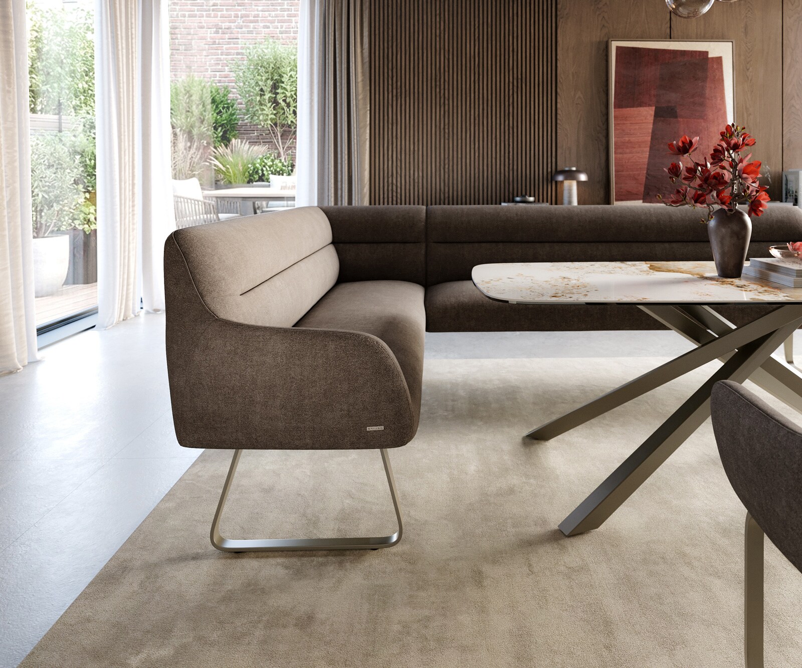Esszimmerbank Taya-Flex 285x190 cm Strukturstoff Soft Taupe Kufengestell flach Effektfinish Titan Taschenfederkern Rechts 4
