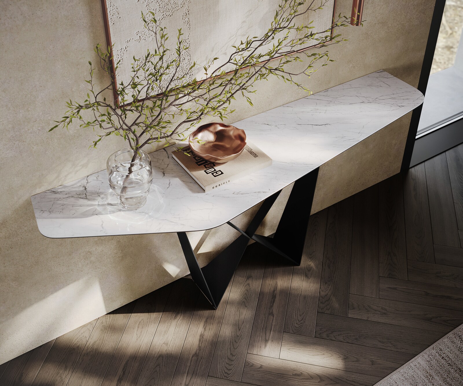 Konsolentisch Edge Polygonal 180x50 cm Keramik Laminam® Statuarietto Weiß Spios Metall Schwarz 1