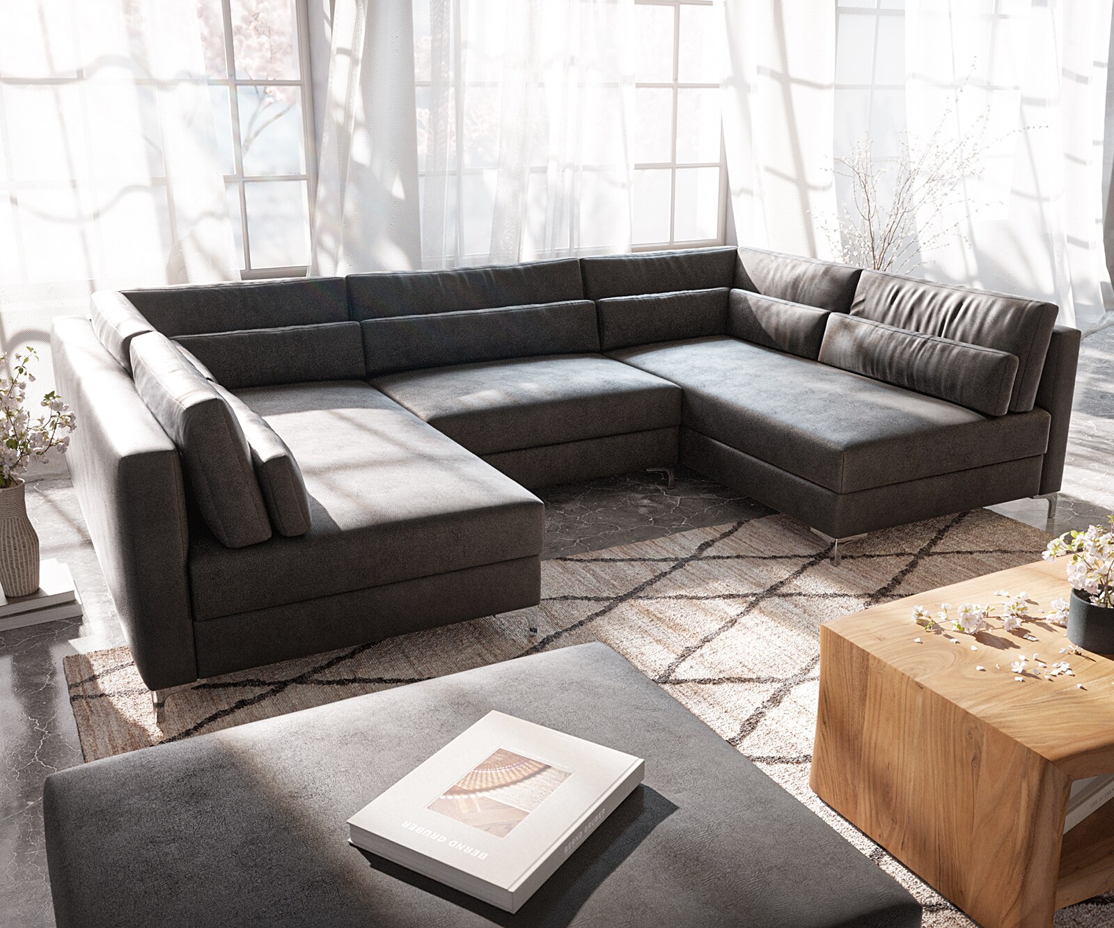 Wohnlandschaft Elio 300x185 cm Lederimitat Vintage Anthrazit mit Hocker 3