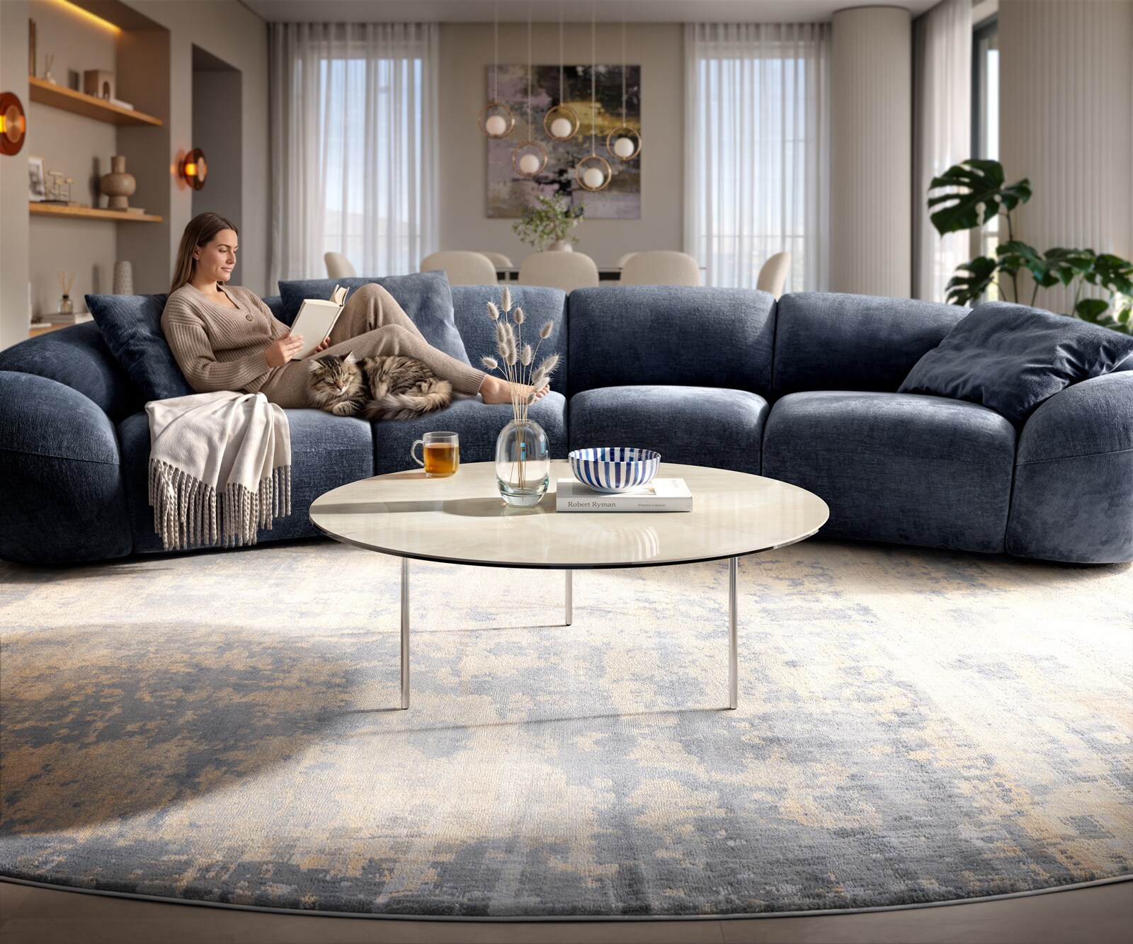Couchtisch Edge Rund 100x100 cm Keramik Onyx Champagne Trive Edelstahl gebürstet 1