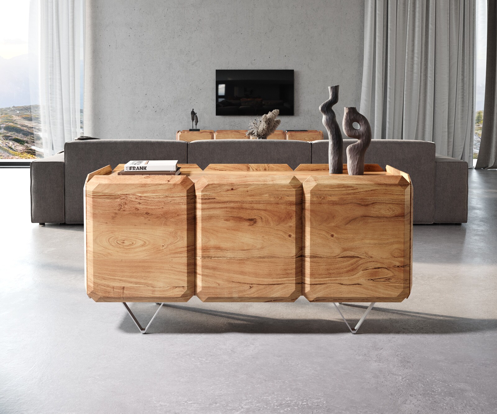Sideboard Kiano 145 cm Akazie Natur 3 Türen V-Fuß Edelstahl Raumteiler 1