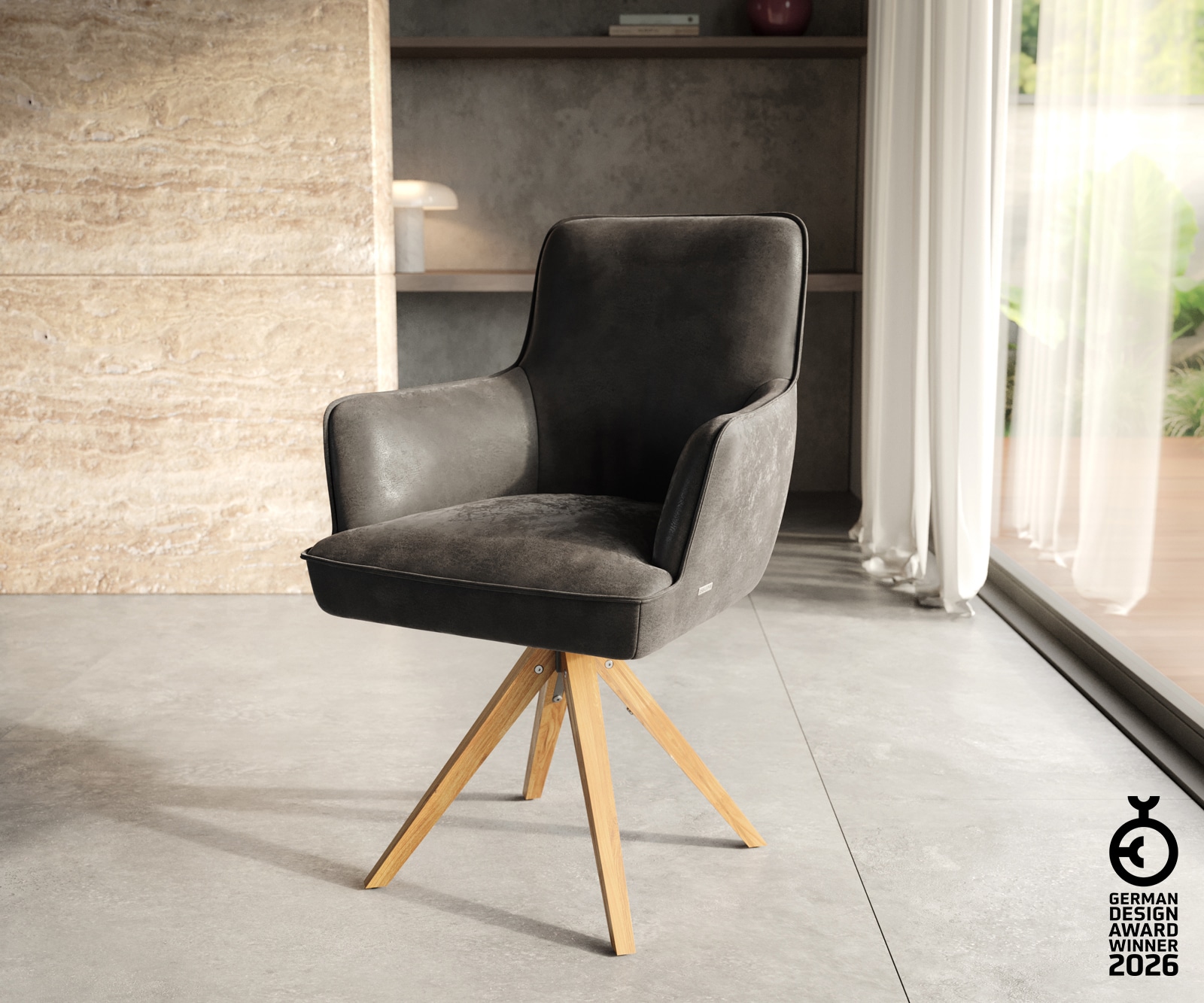 Drehstuhl Heira-Flex mit Armlehnen Mikrofaser Anthrazit Vintage Holzgestell günstig online kaufen