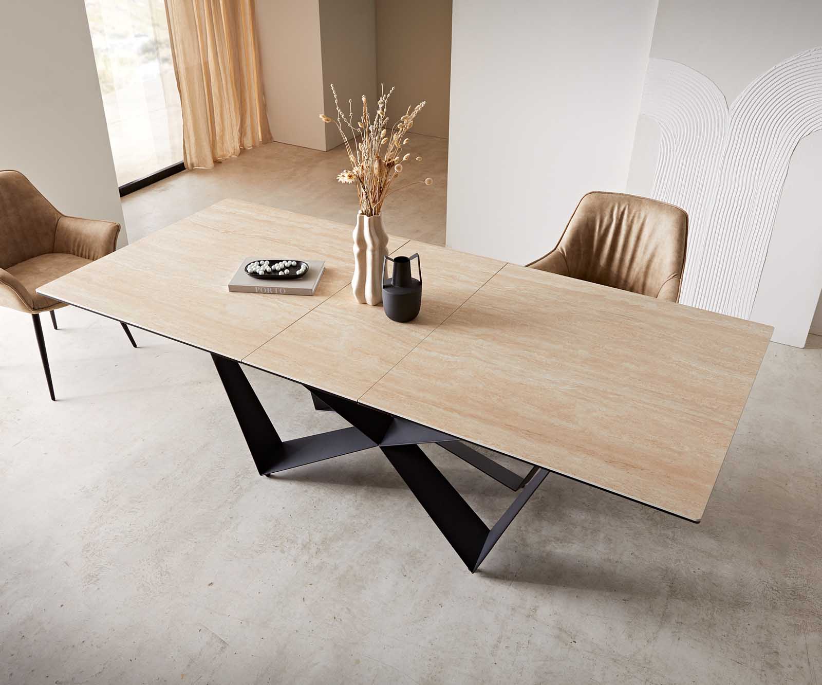Esstisch Edge 180-220x100 Keramik Travertin Natur Spider Flachstahl Schwarz ausziehbar 4