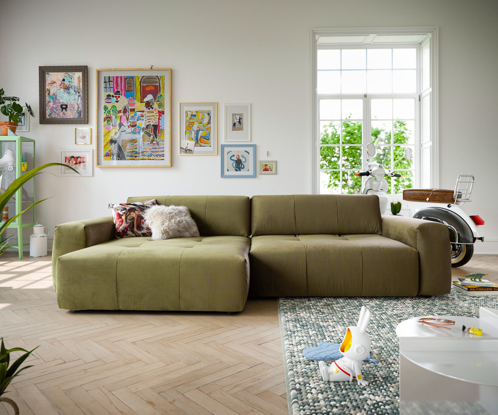 Ecksofa Lazaro 300x160 cm Samt Olive Ottomane links mit Sitztiefenverstellung 2