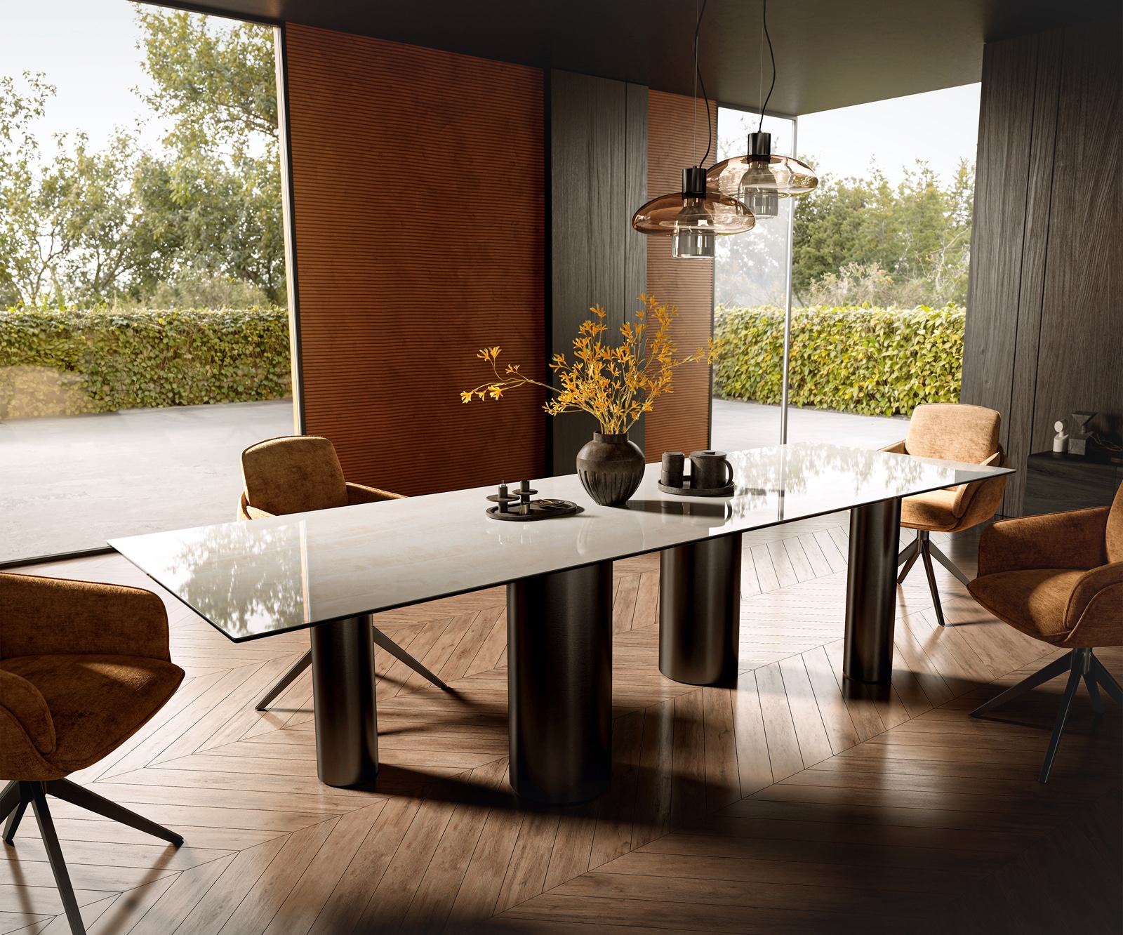 Esstisch Edge 300x100 cm Keramik Onyx Champagne Pilier Edelstahl Graphit