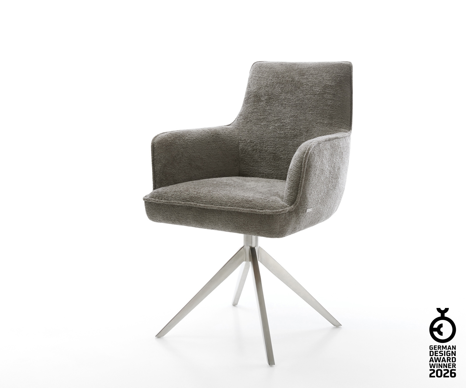 Drehstuhl Heira-Flex mit Armlehnen Bouclé Soft Schlamm Kreuzgestell breit Edelstahl 360° drehbar Wippfunktion Taschenfederkern