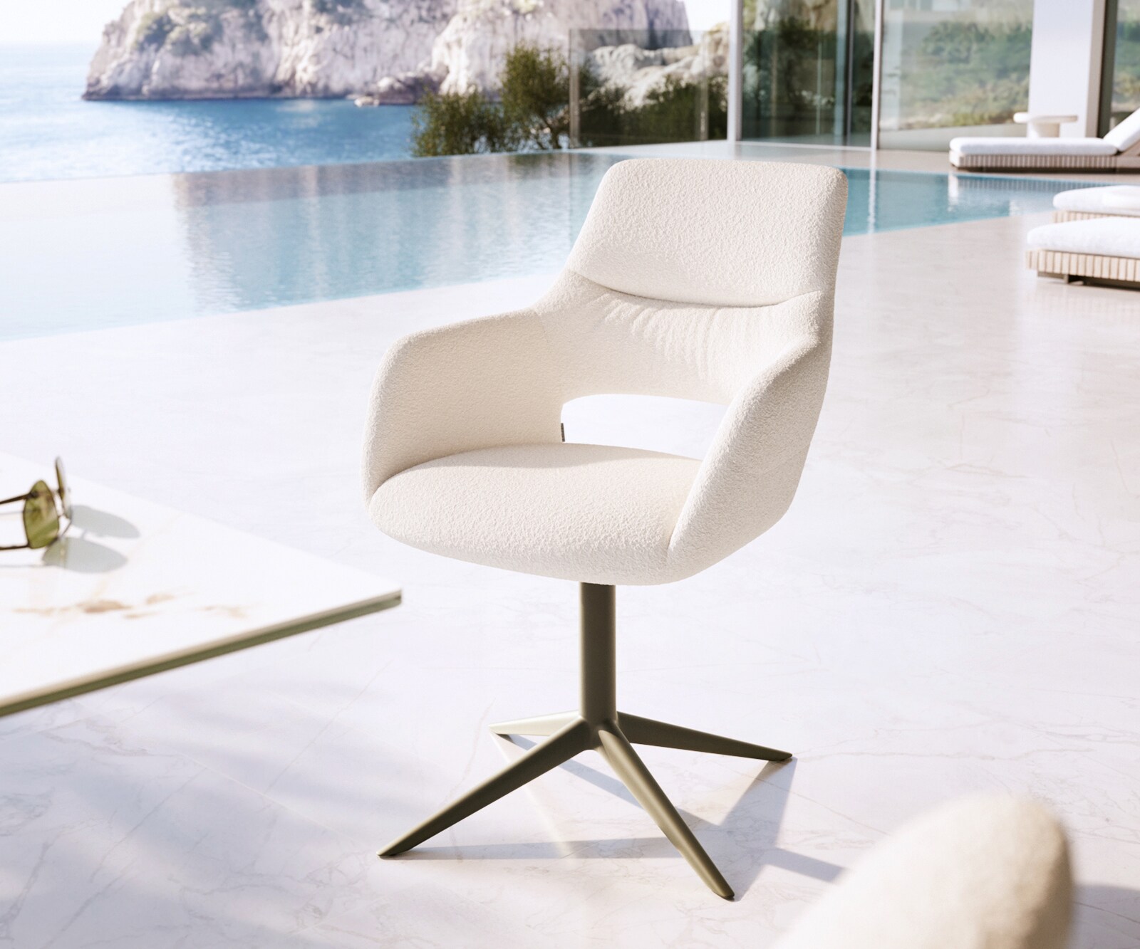 Outdoorstuhl Yago-Flex mit Armlehnen Bouclé Weiß Fußkreuz Effektfinish Titan 360° drehbar Wippfunktion