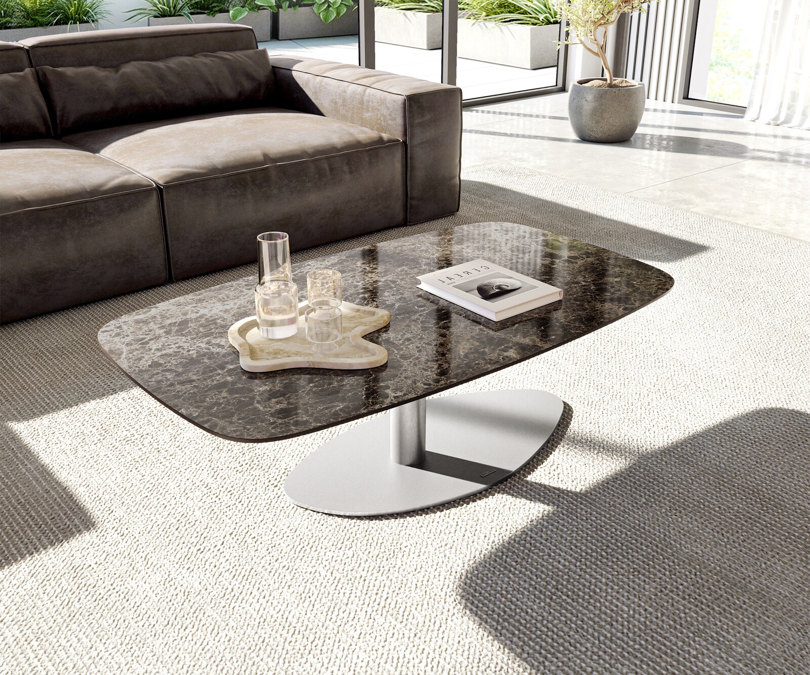 Couchtisch Edge Boot 120x70 cm Keramik Laminam® Emperador Extra Lucidato Dunkelbraun Vibany Edelstahl gebürstet