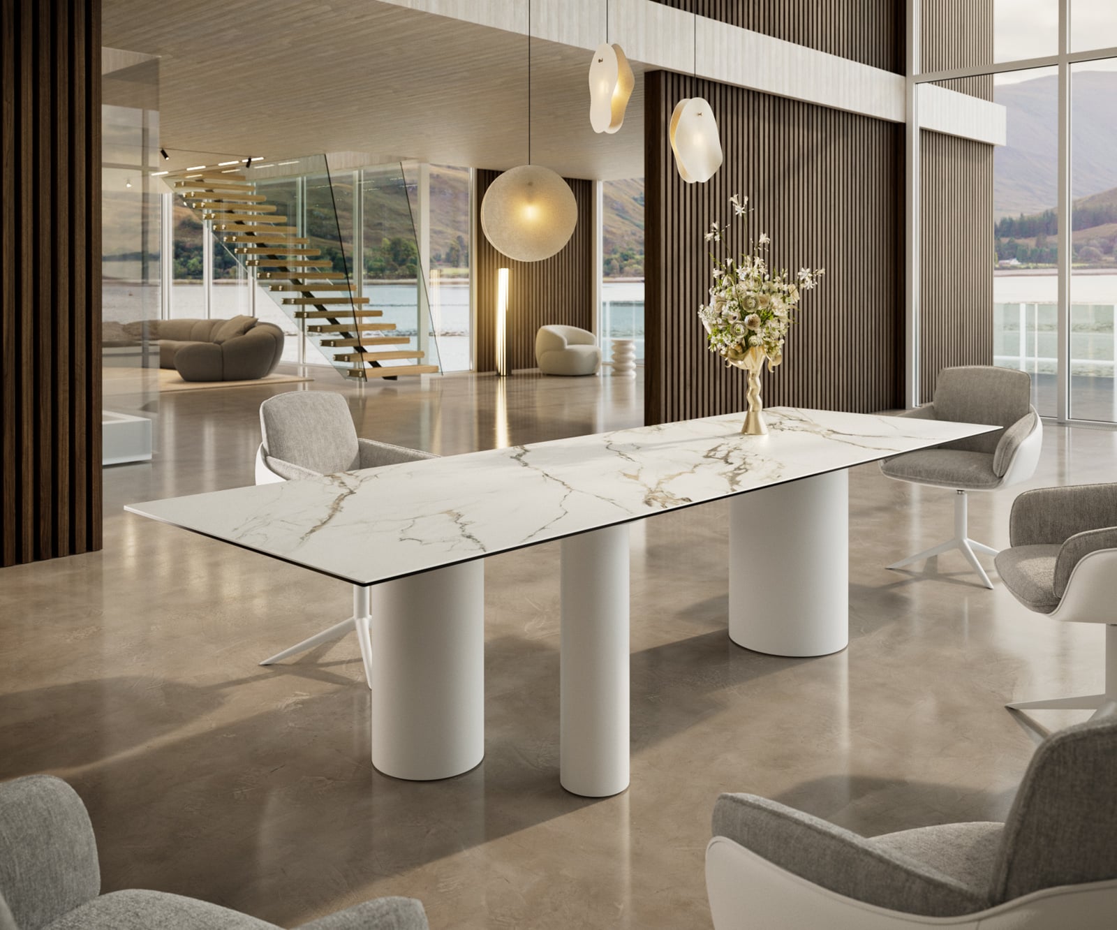 Esstisch Edge 300x100 Keramik Calacatta Luxe Weiß-Gold-Grau Troa Metall Weiß 2