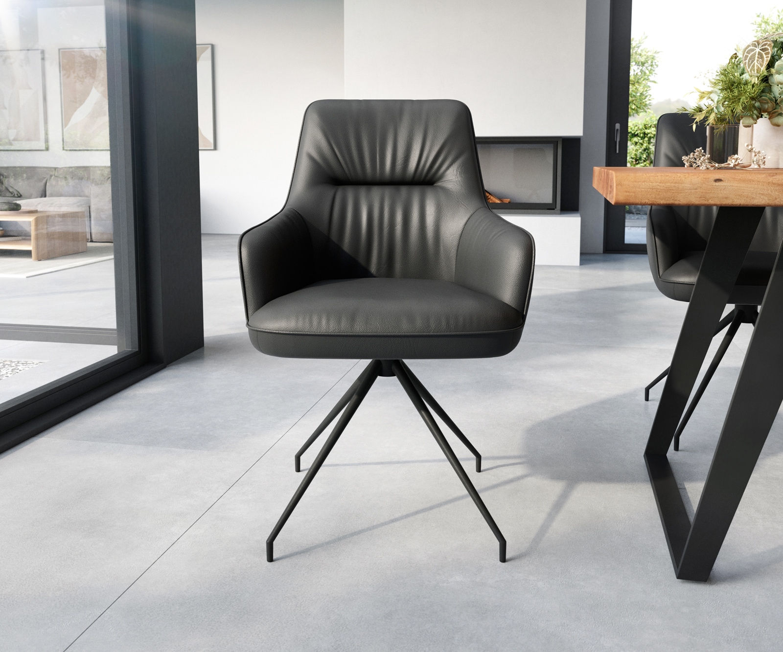 Esszimmerstuhl Zelia-Flex mit Armlehnen Echt-Leder Schwarz Kreuzgestell konisch Schwarz Taschenfederkern 1 Esszimmerstuhl Zelia-Flex mit Armlehnen Echt-Leder Schwarz Kreuzgestell konisch Schwarz Taschenfederkern 1