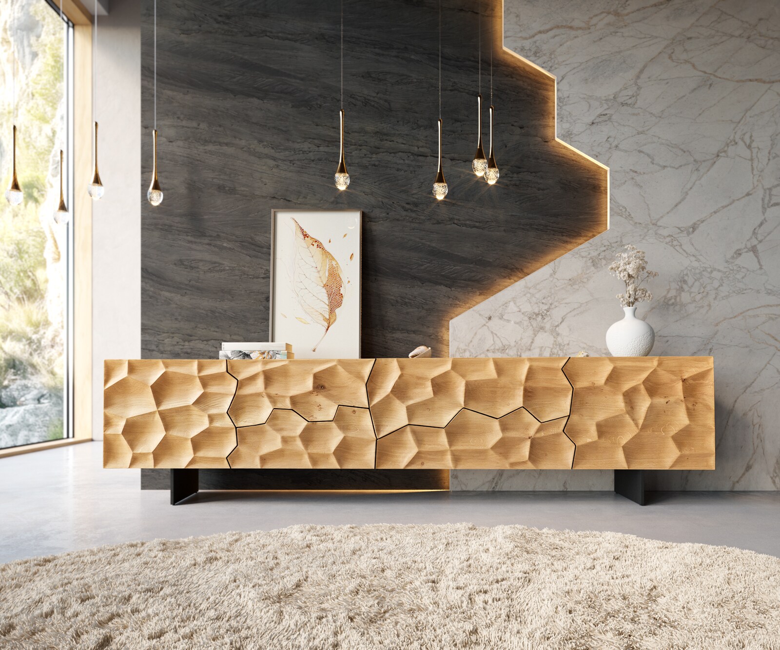 Lowboard Solu 220 cm Eiche Natur 2 Türen 4 Schübe Fuß schwebend Metall Schwarz 3D-Front 1