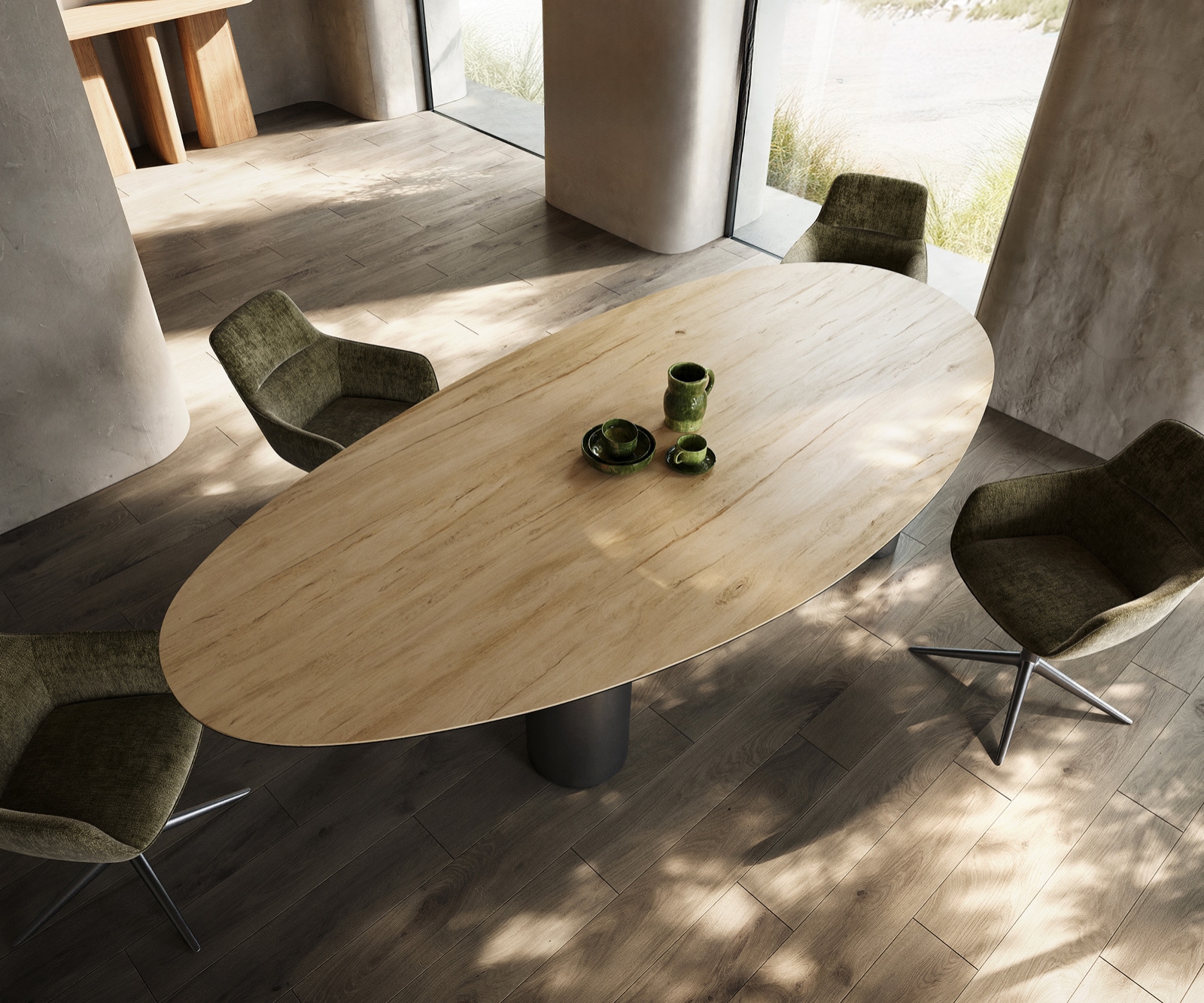 Esstisch Edge Oval 280x130 Keramik Laminam® Sabbia Eichefarbig Pilier Edelstahl Graphit 4