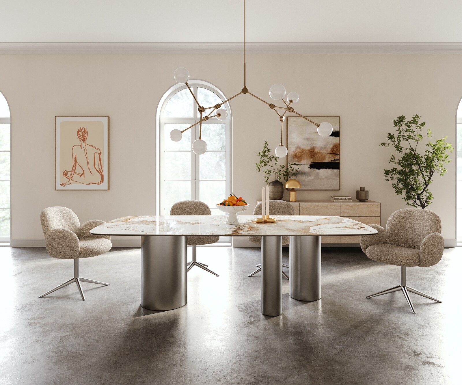 Esstisch Edge Boot 240x120 cm Keramik Minas Melange Weiß-Beige Troa Edelstahl gebürstet 2