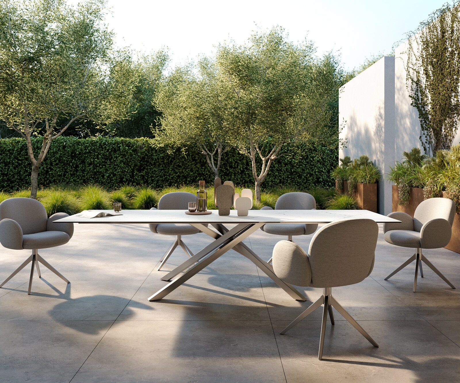 Outdoortisch Edge 300x100 cm Keramik Laminam® Statuarietto Weiß Kreuzgestell Rechteck Edelstahl 1