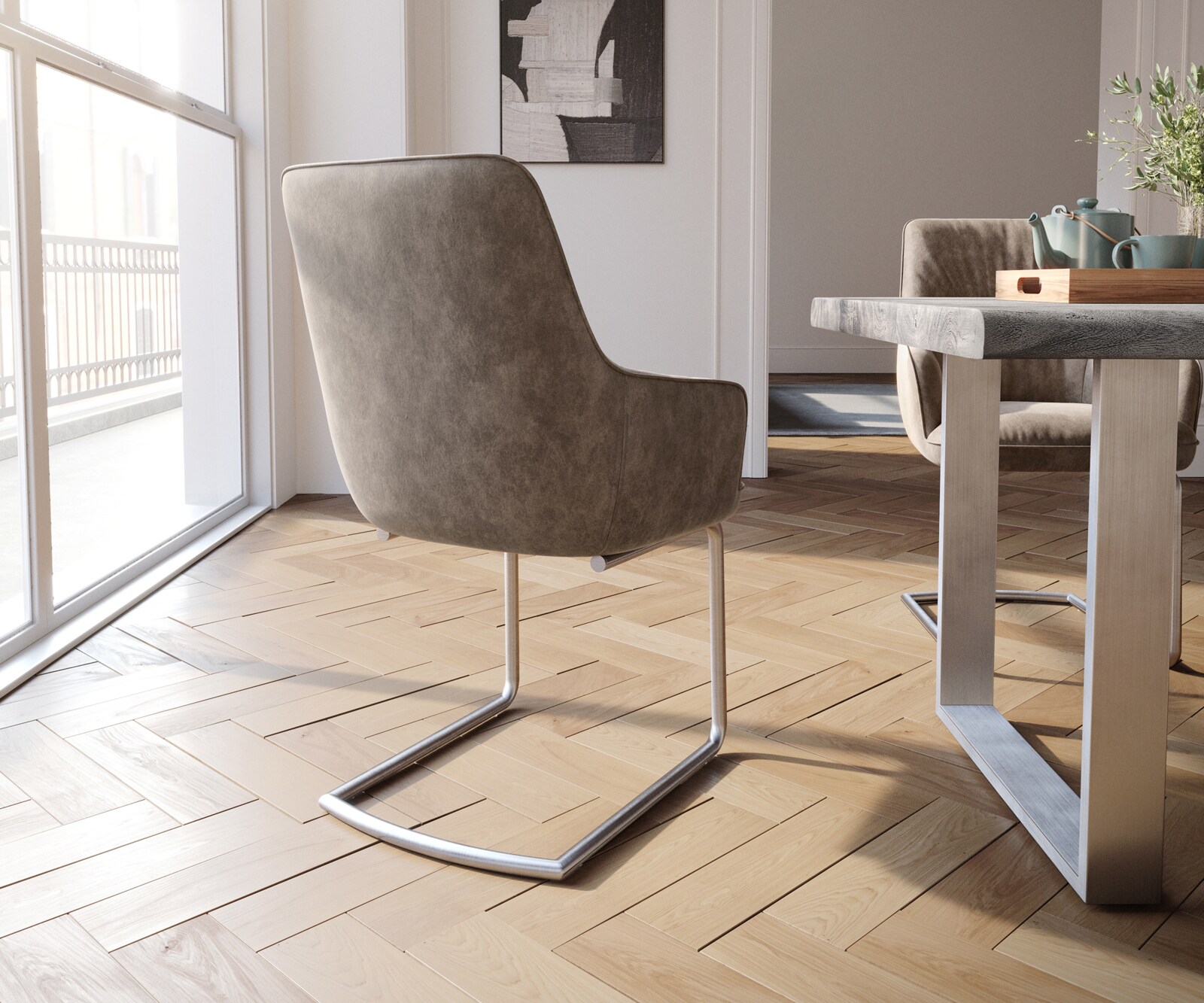 Freischwinger Zelia-Flex mit Armlehnen Mikrofaser Taupe Vintage Freischwinger rund Edelstahl Taschenfederkern 4