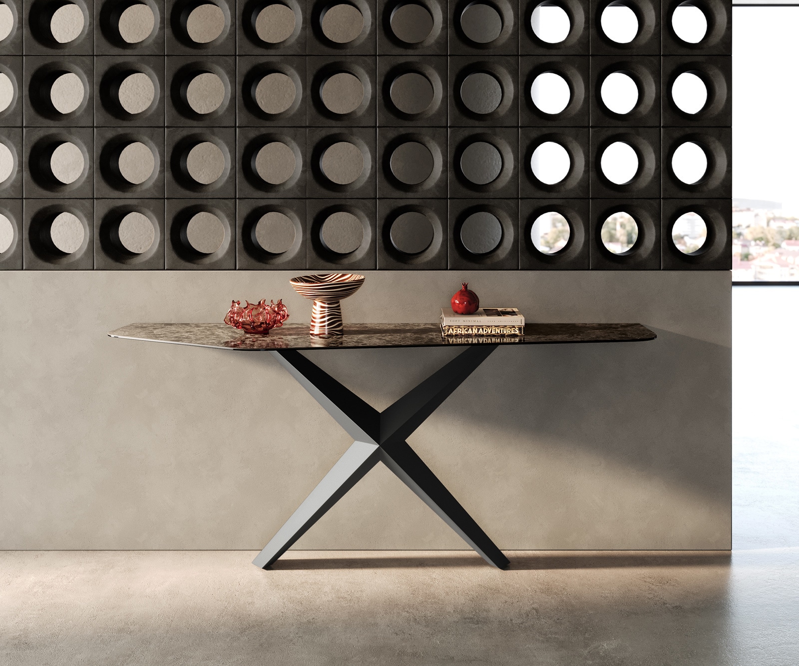 Konsolentisch Edge Polygonal 180x50 cm Keramik Emperador Extra Lucidato Dunkelbraun Zentharo Metall Schwarz 1