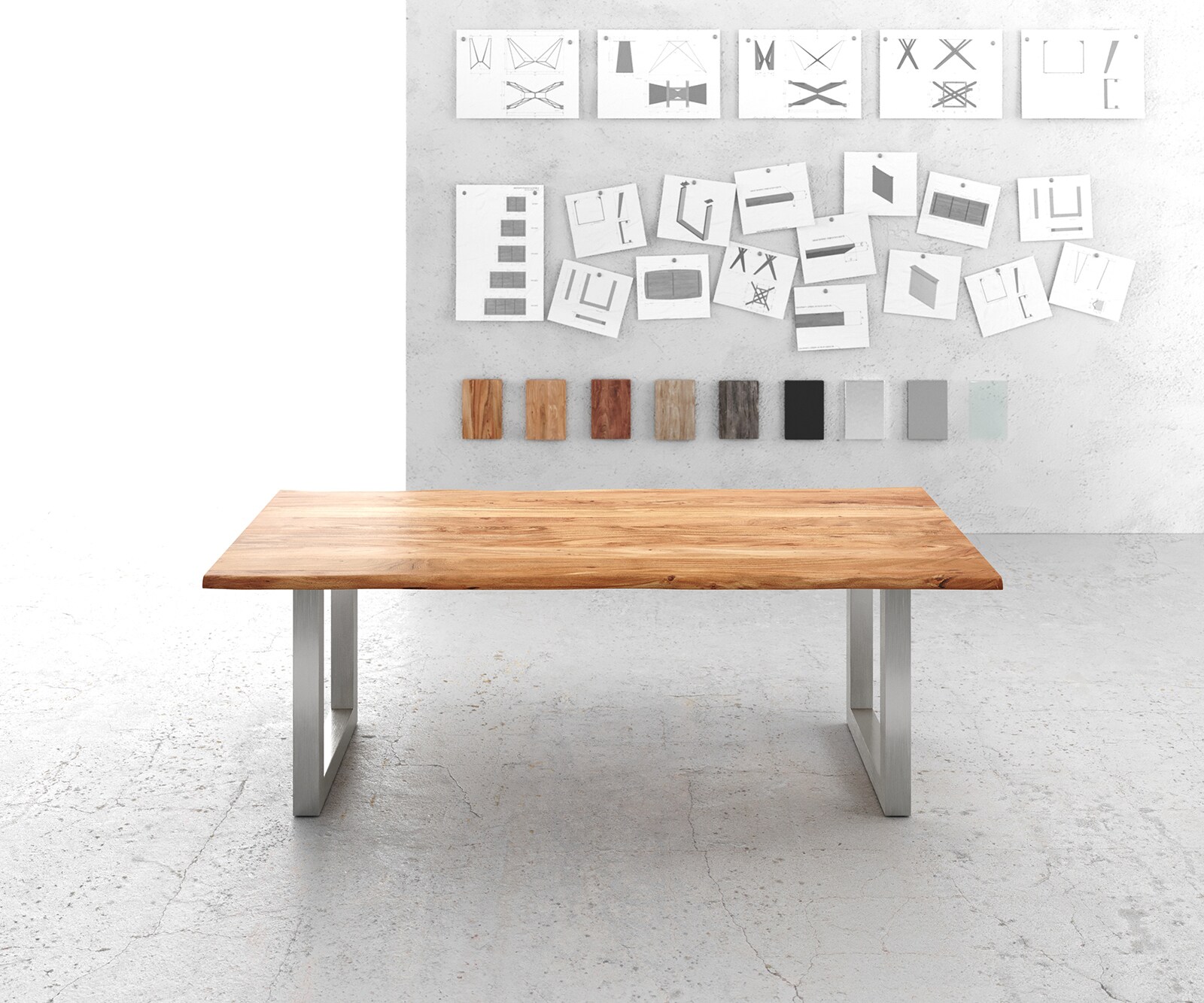 Esstisch Edge 220x100cm Akazie Natur Edelstahl breit Live-Edge 1