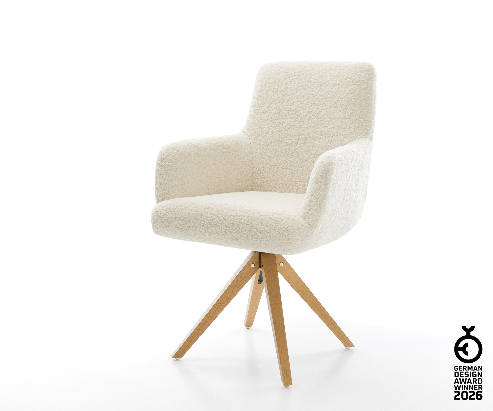 Drehstuhl Heira-Flex mit Armlehnen Teddystoff Beige Holzgestell kantig Natur 360° drehbar Taschenfederkern