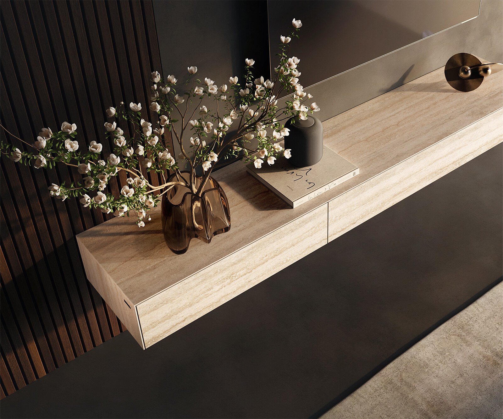 Lowboard Cuor 200 cm Keramik Laminam® Travertino Bianco Creme-Weiß 1 Klappe 1 Schubfach Fuß Schwebeoptik Edelstahl 3