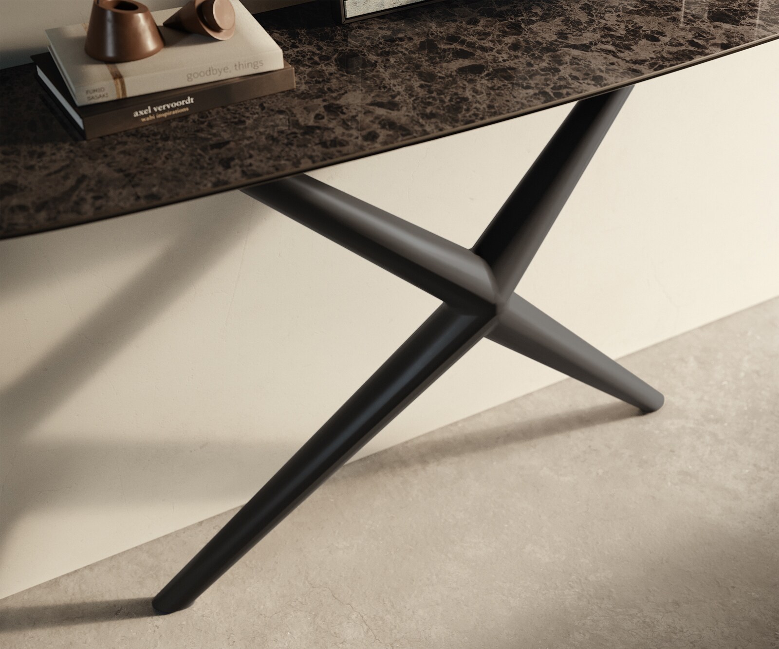 Konsolentisch Edge Boot 140x40 cm Keramik Emperador Extra Lucidato Dunkelbraun Estelo Metall Schwarz 5
