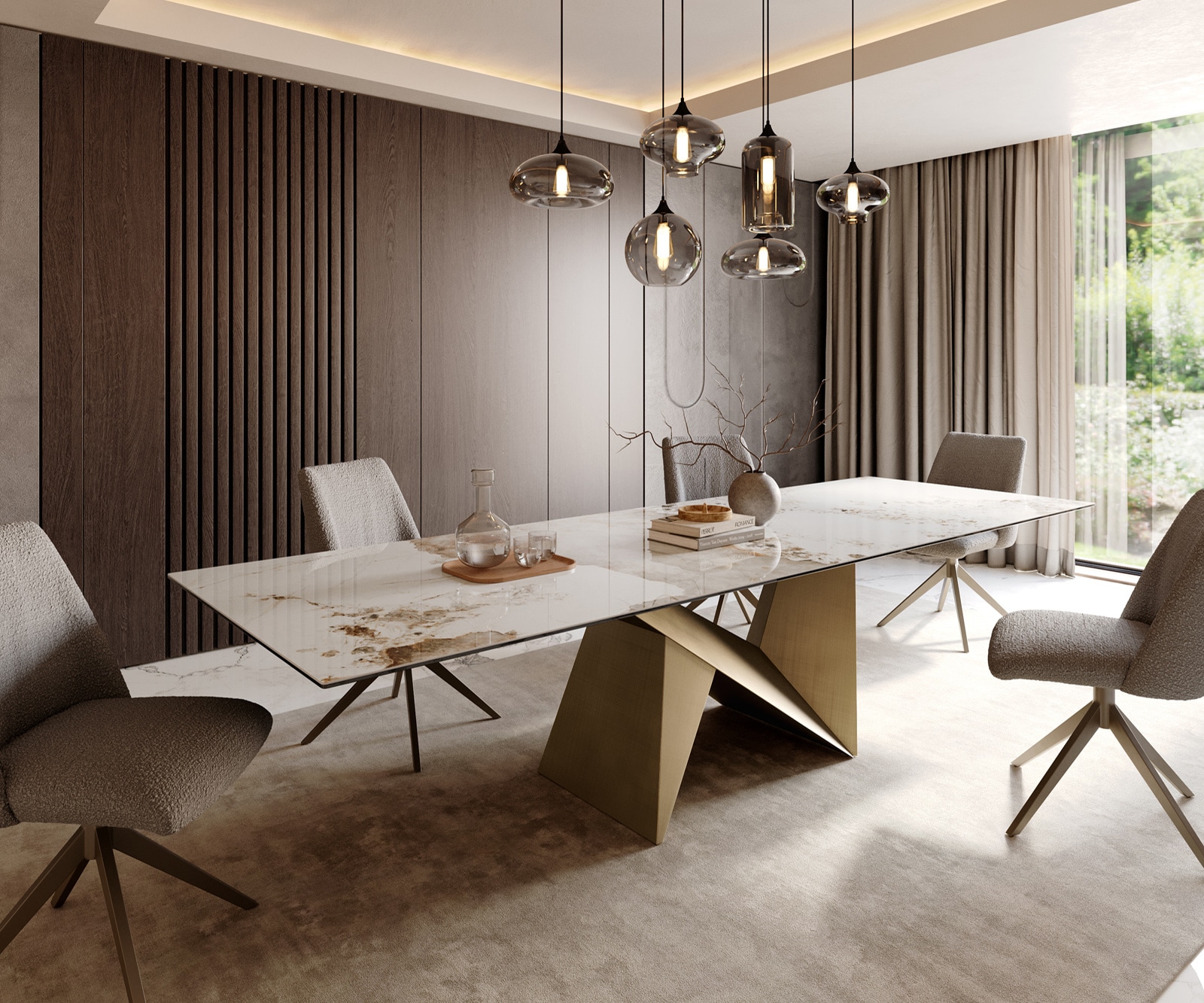 Esstisch Edge 300x100 Keramik Minas Melange Weiß-Beige Origami Metallic Gold