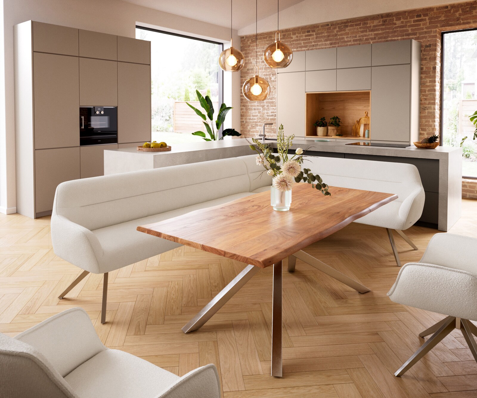 Esszimmerbank Taya-Flex 285x190 cm Bouclé Creme-Weiß Kreuzgestell kantig Edelstahl Taschenfederkern Links